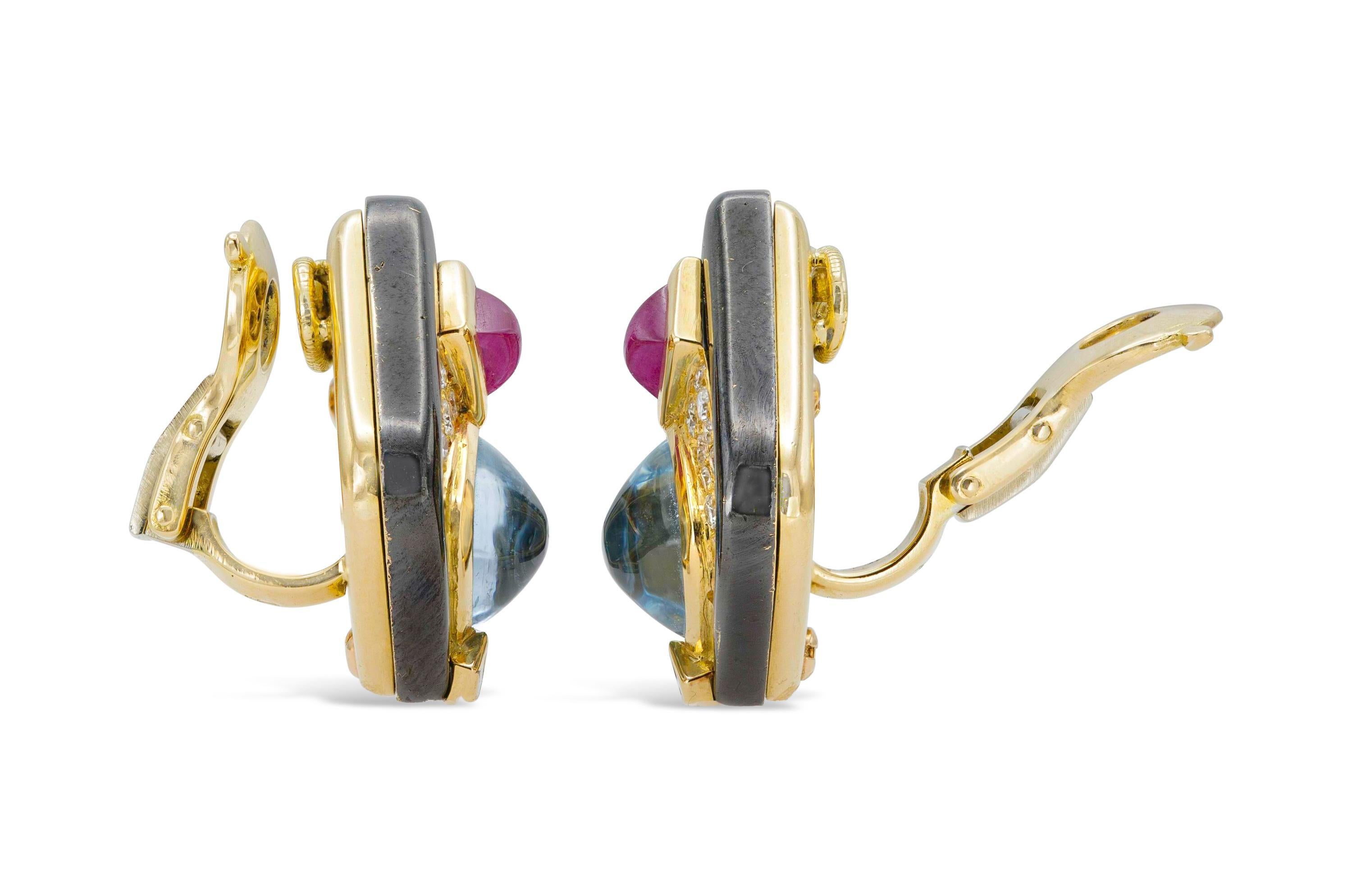 Cabochon Vintage 1980s Marina B Aquamarine, Ruby, Diamond and Enamel Earrings For Sale