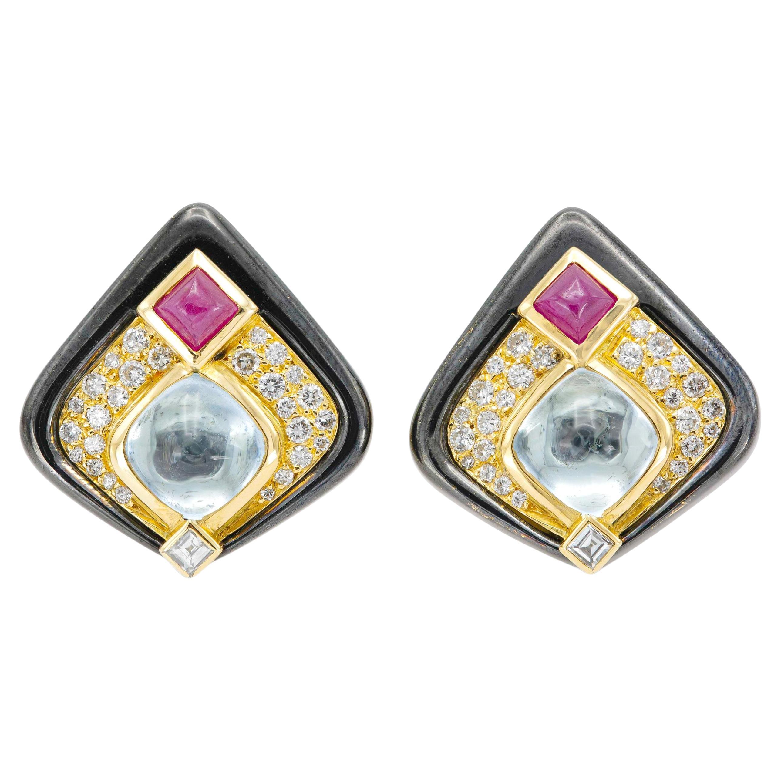 Vintage 1980s Marina B Aquamarine, Ruby, Diamond and Enamel Earrings For Sale