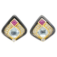 Vintage 1980s Marina B Aquamarine, Ruby, Diamond and Enamel Earrings