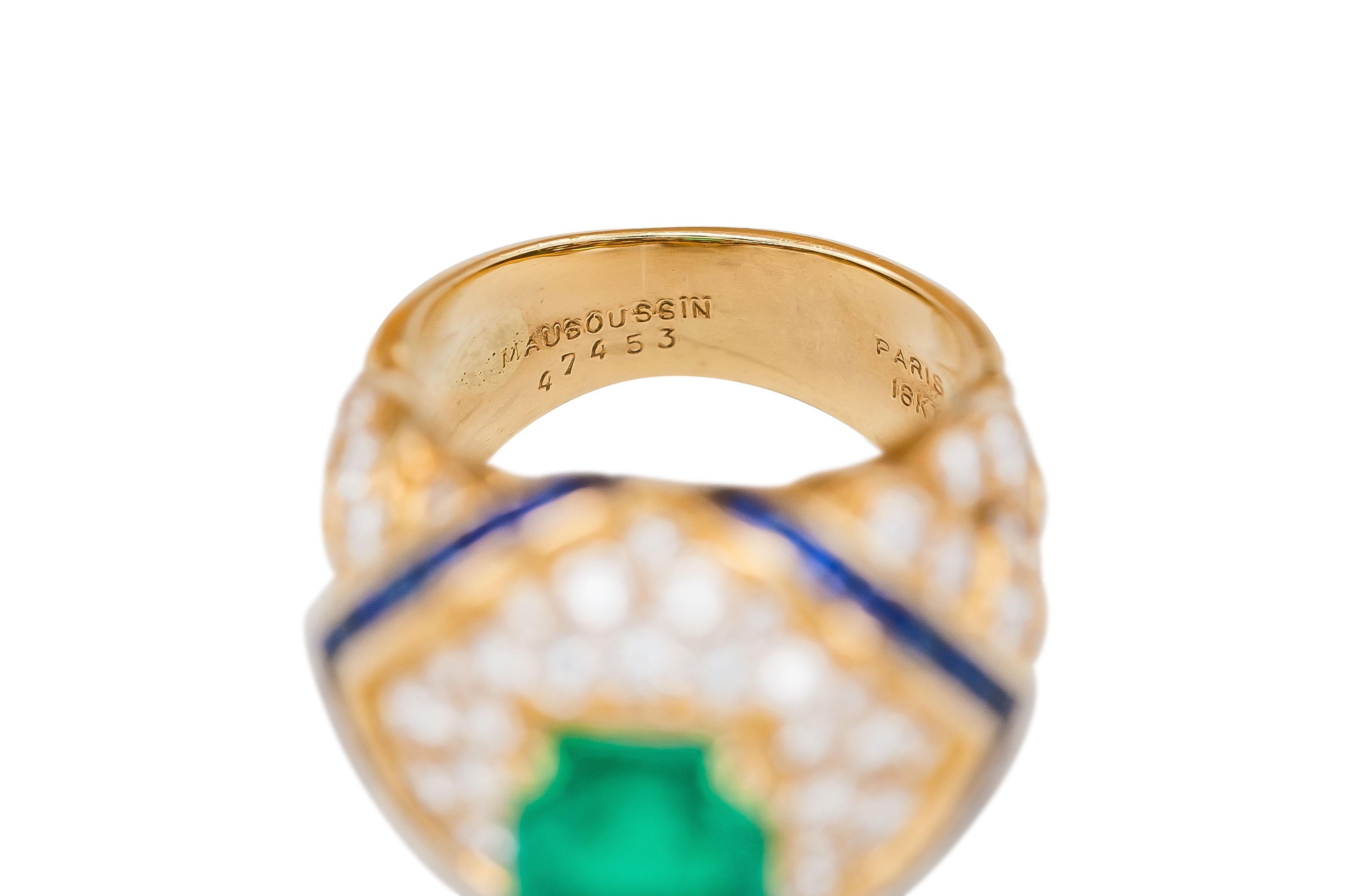 Women's Vintage 1980s Mauboussin Emerald Ring with Diamonds and Sapphires For Sale