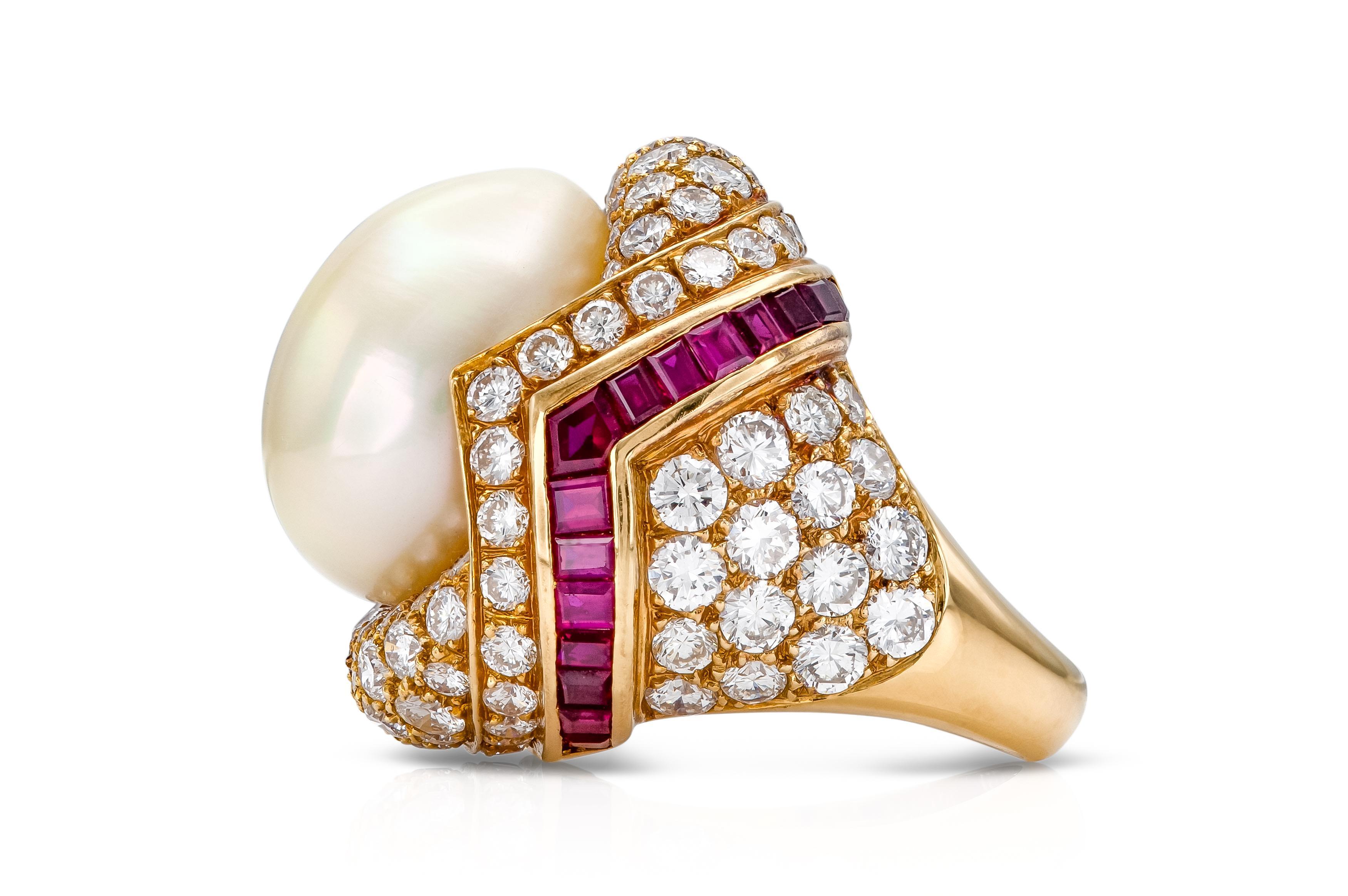 Round Cut Vintage 1980s Mauboussin South Sea Pearl and Diamond Ring with Rubies