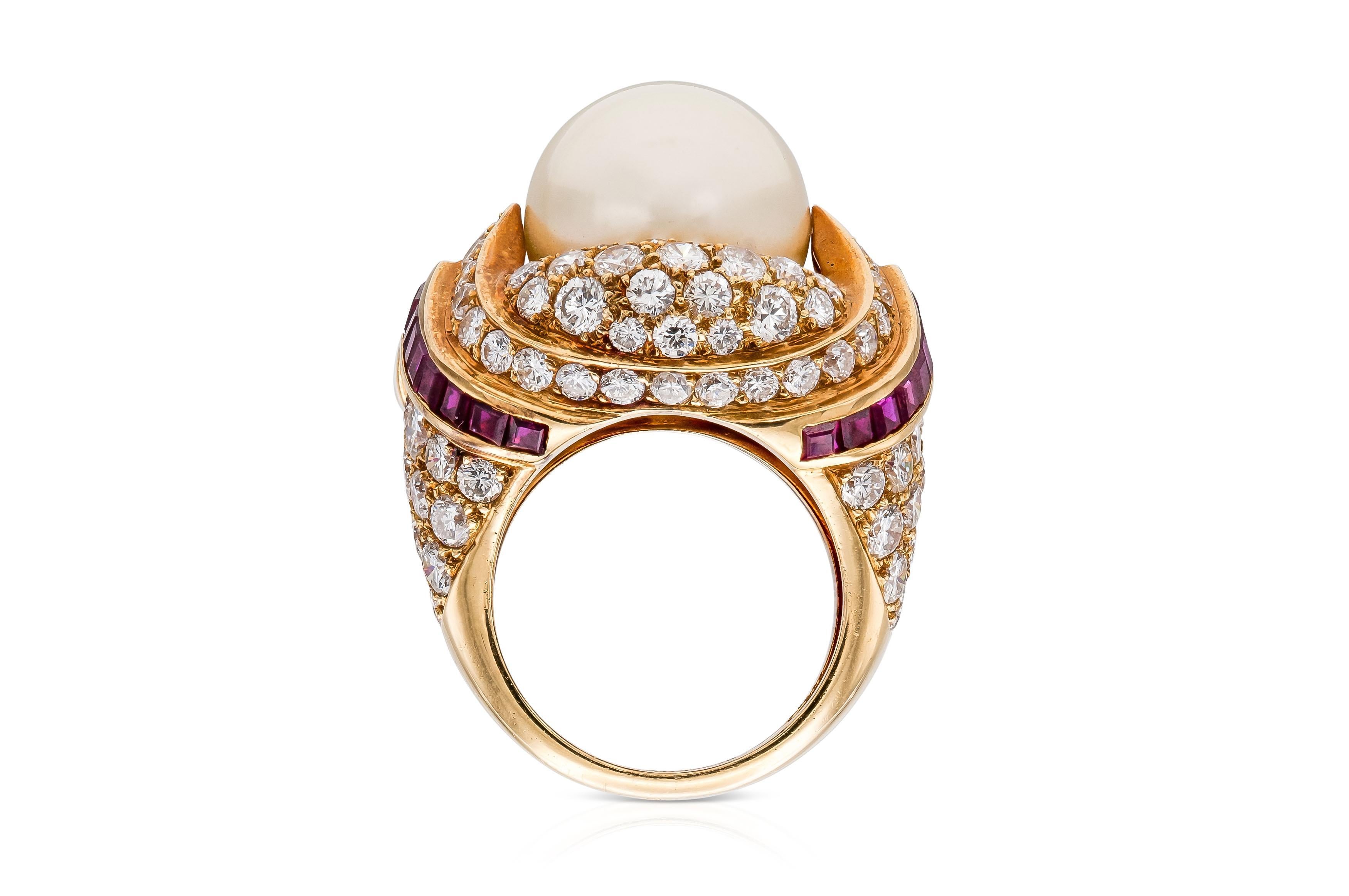 Vintage 1980s Mauboussin South Sea Pearl and Diamond Ring with Rubies In Good Condition In New York, NY