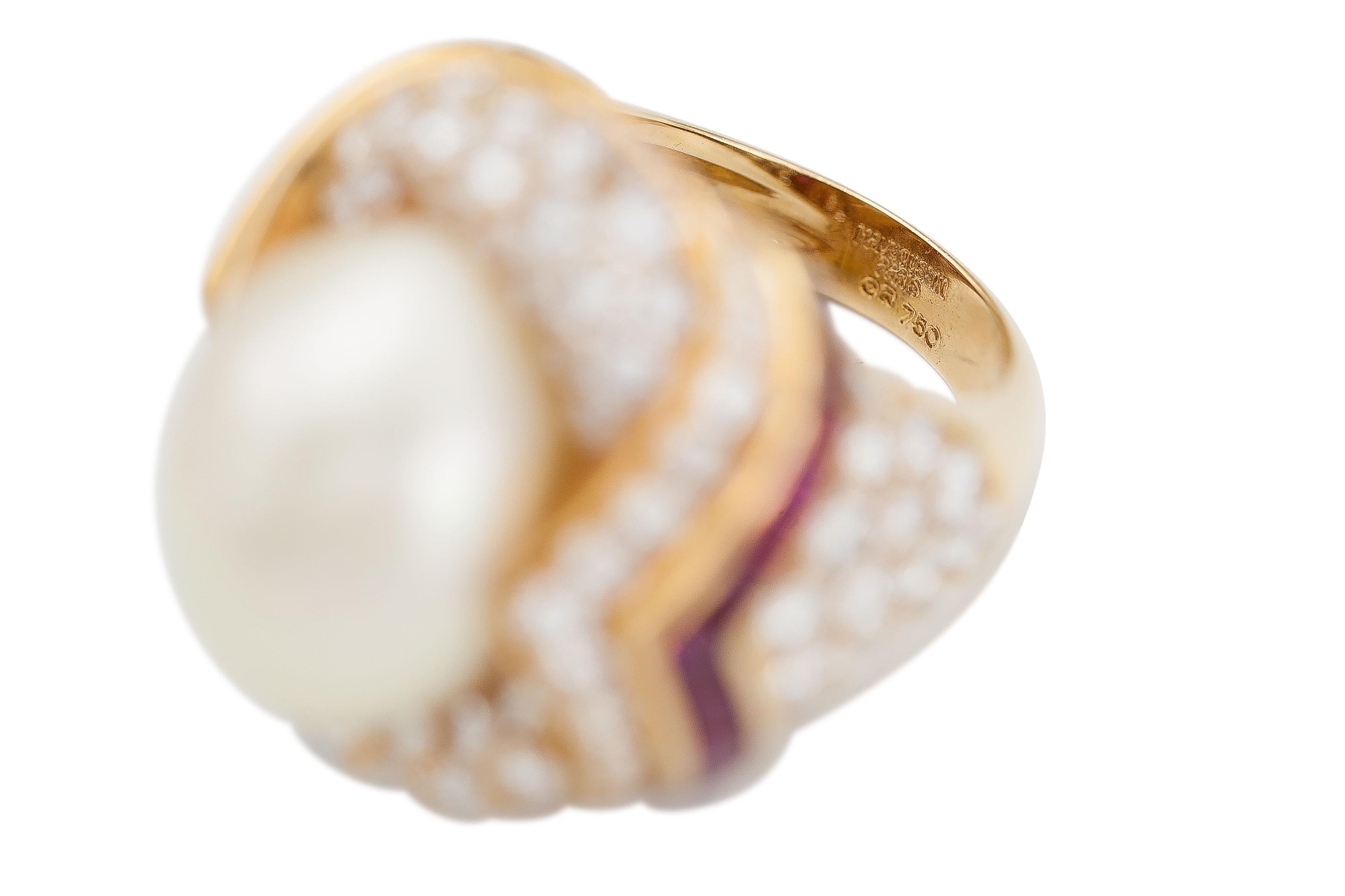 Women's Vintage 1980s Mauboussin South Sea Pearl and Diamond Ring with Rubies