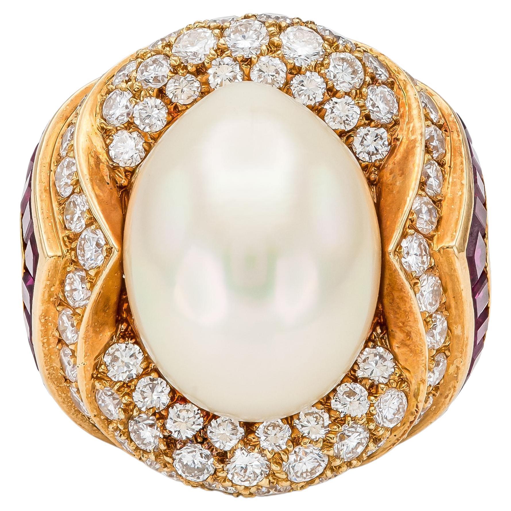 Vintage 1980s Mauboussin South Sea Pearl and Diamond Ring with Rubies