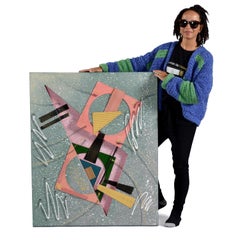 Vintage 1980s Memphis Style 3D Mixed Media Painting, Signed, 36x44"