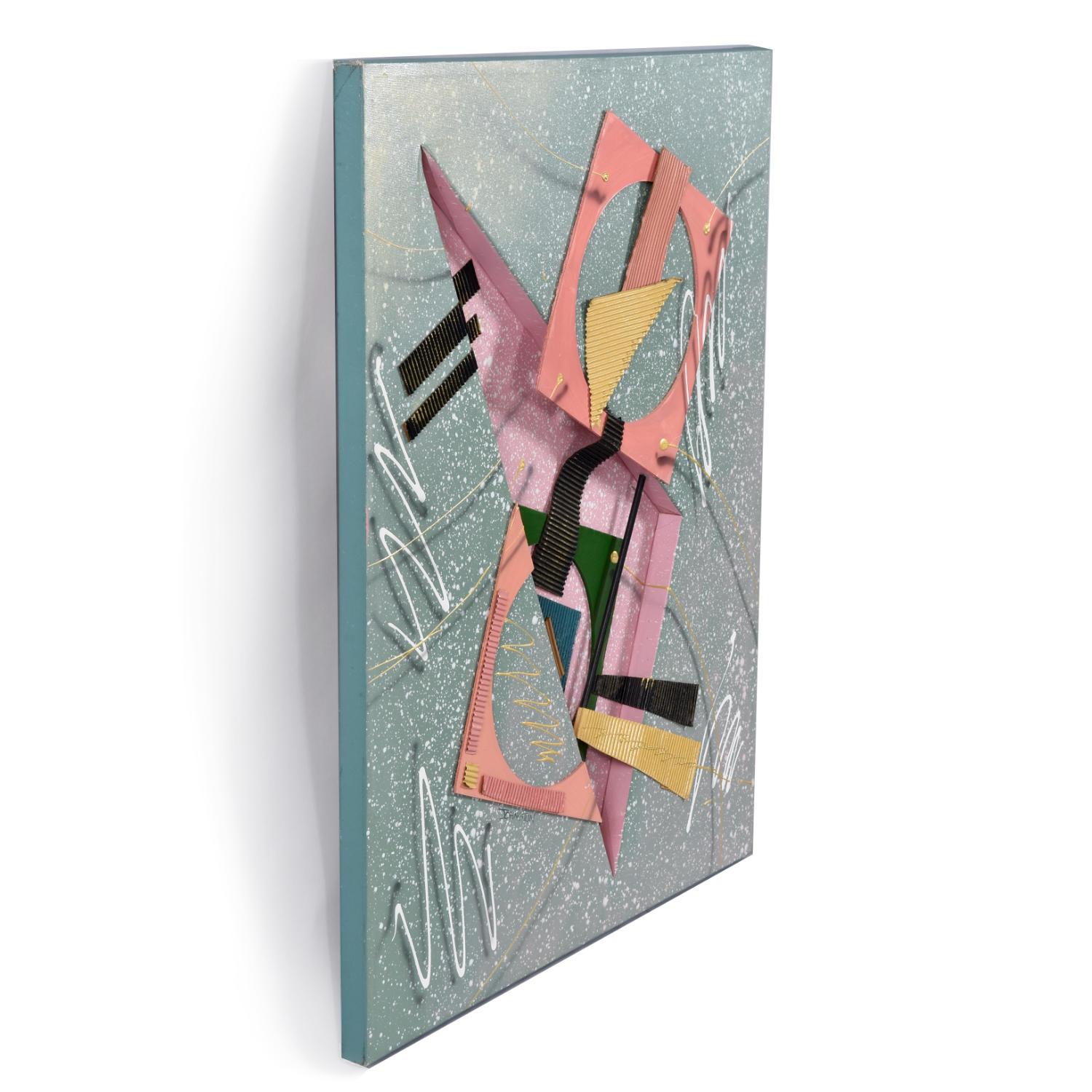 Vintage 1980er Jahre Memphis Stil 3D Abstrakt Geometrisch Mixed Media Combine Gemälde (Postmoderne) im Angebot