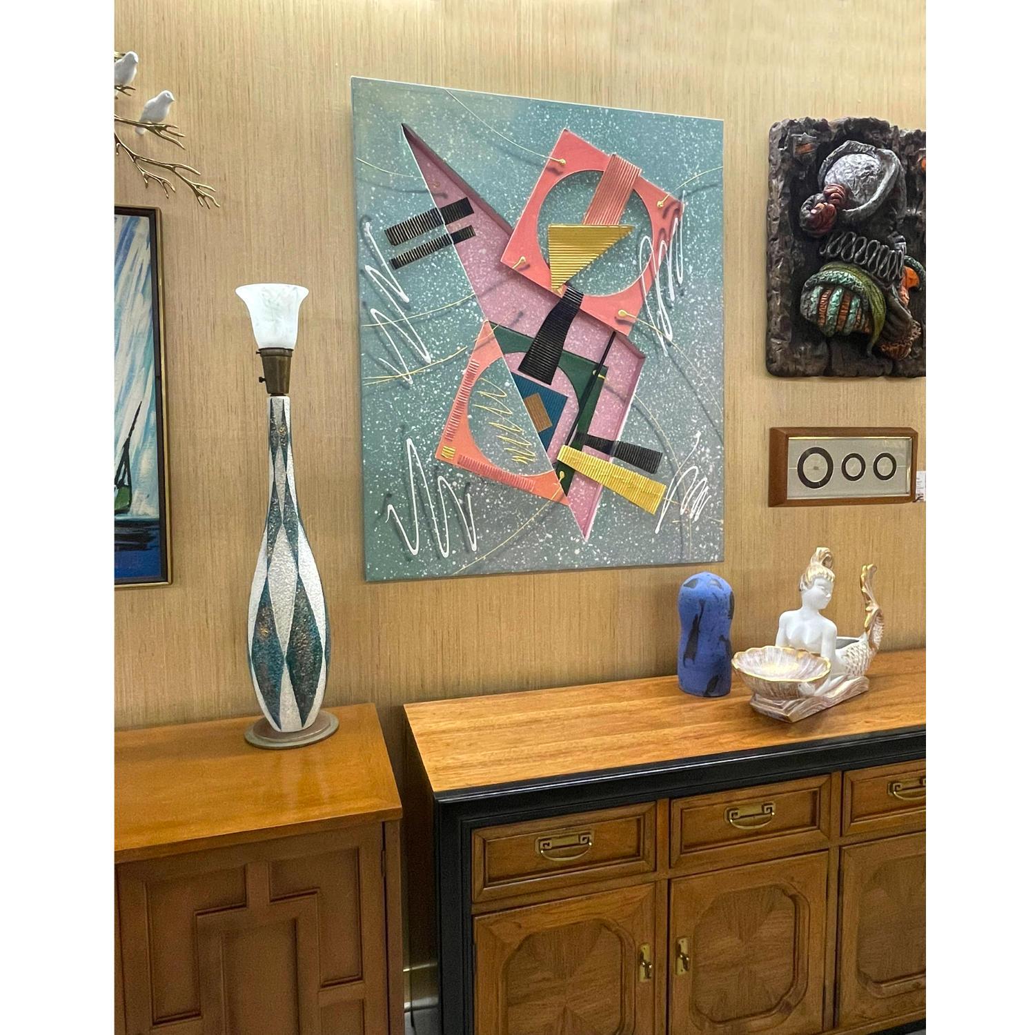 Vintage 1980er Jahre Memphis Stil 3D Abstrakt Geometrisch Mixed Media Combine Gemälde (amerikanisch) im Angebot