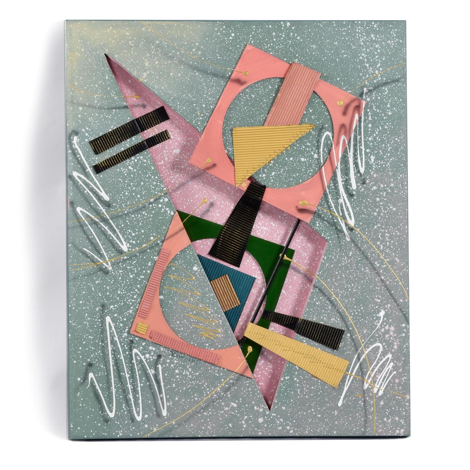Vintage 1980er Jahre Memphis Stil 3D Abstrakt Geometrisch Mixed Media Combine Gemälde im Angebot 1