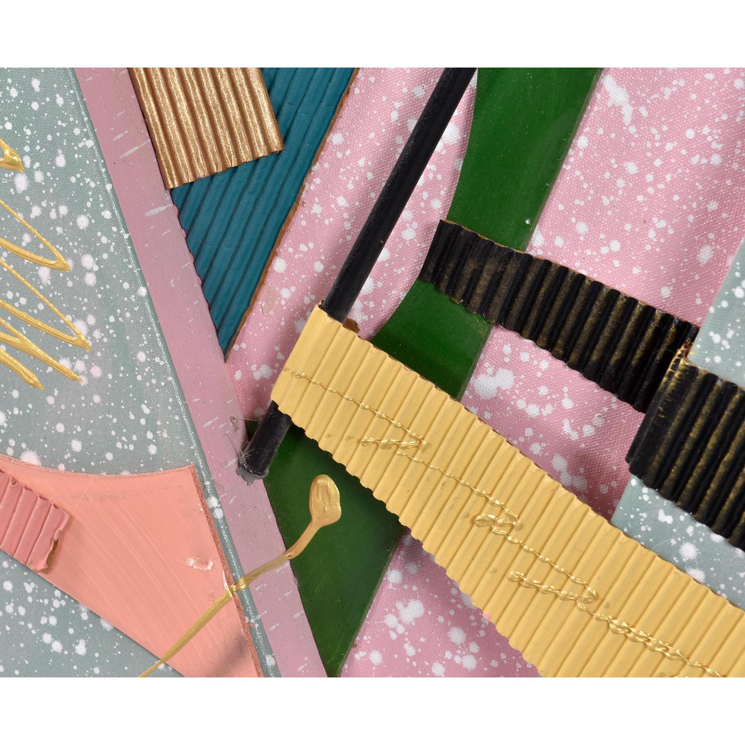 Vintage 1980er Jahre Memphis Stil 3D Abstrakt Geometrisch Mixed Media Combine Gemälde im Angebot 2