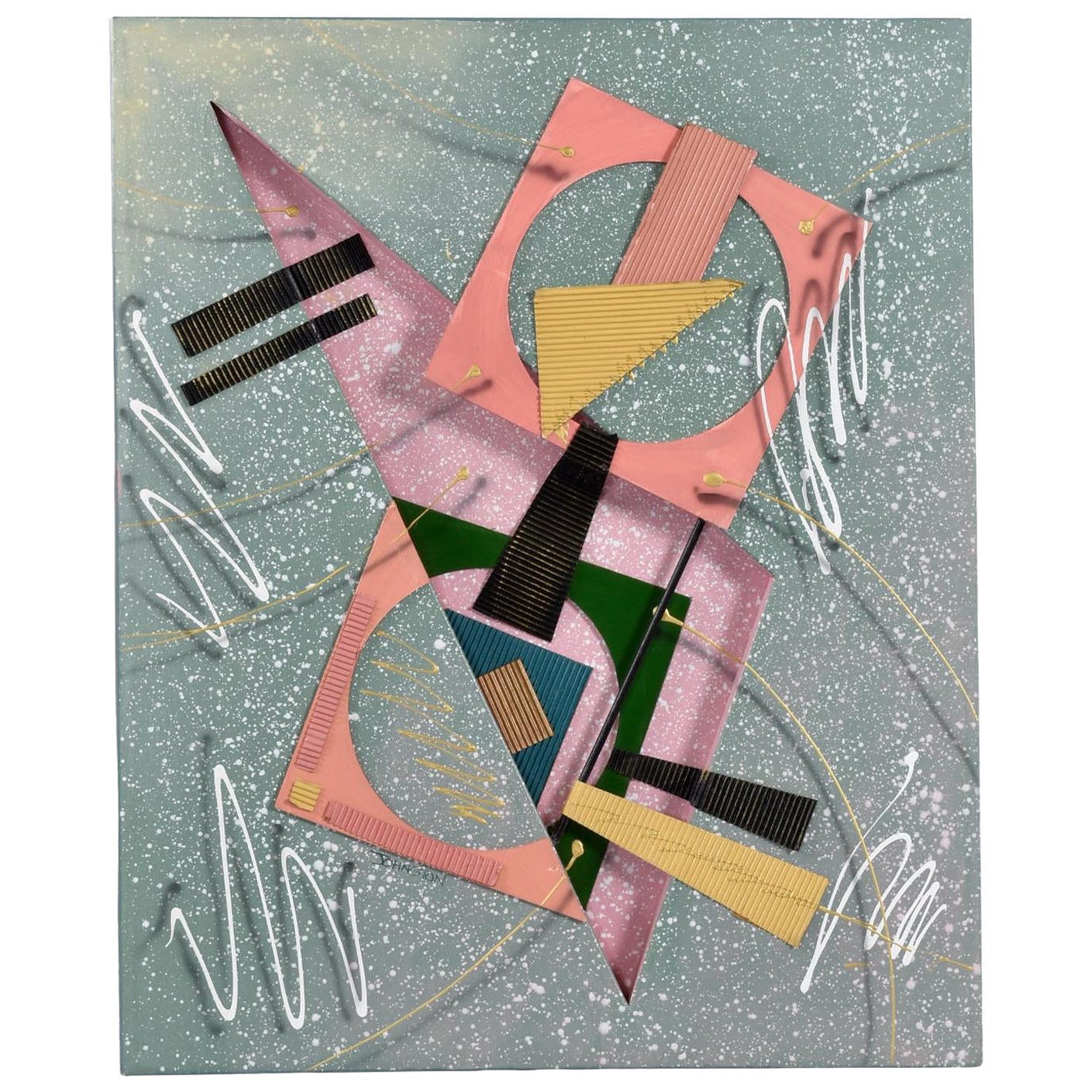 Vintage 1980s Memphis Style 3D Abstract Geometric Mixed Media Combine Painting