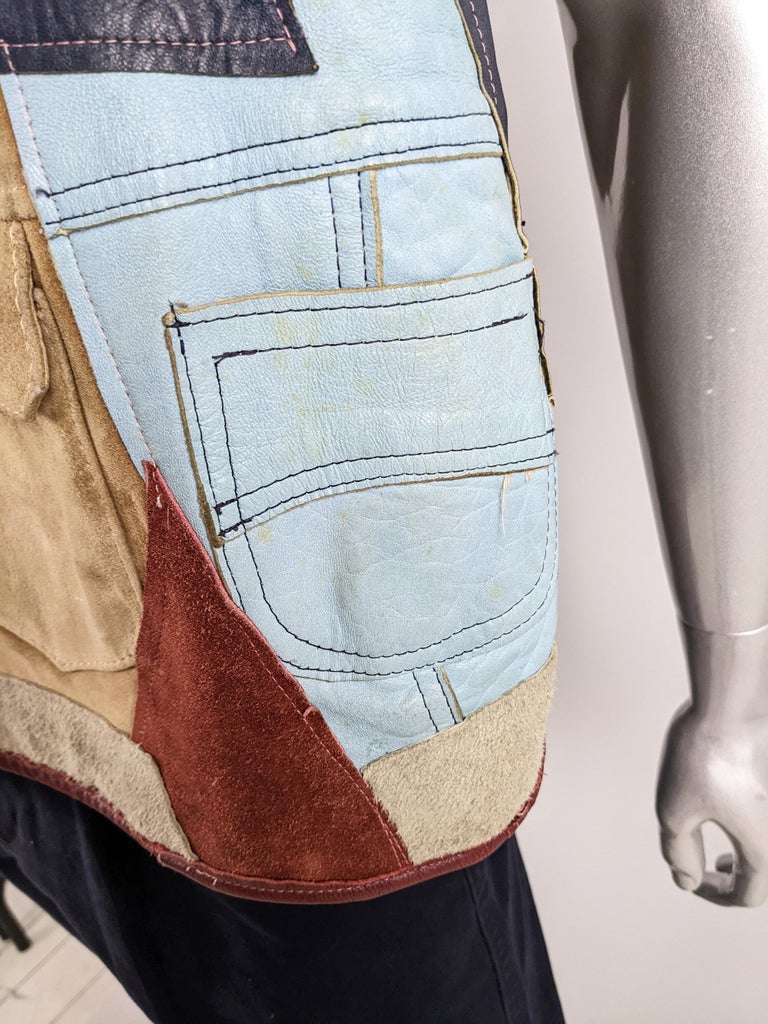 Men's Vintage 1980s Mens Patchwork Suede Leather Reconstructed Sleeveless Vest Jacket For Sale