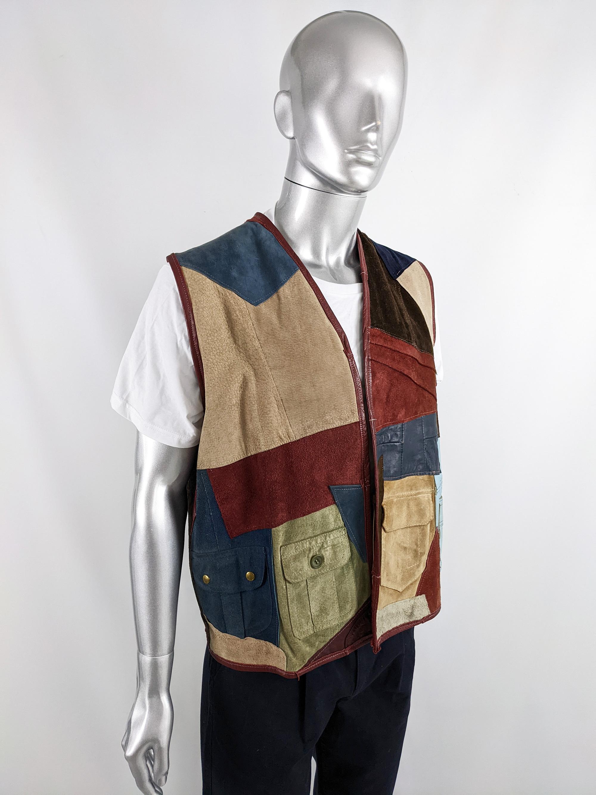 Brown Vintage 1980s Mens Patchwork Suede Leather Reconstructed Sleeveless Vest Jacket