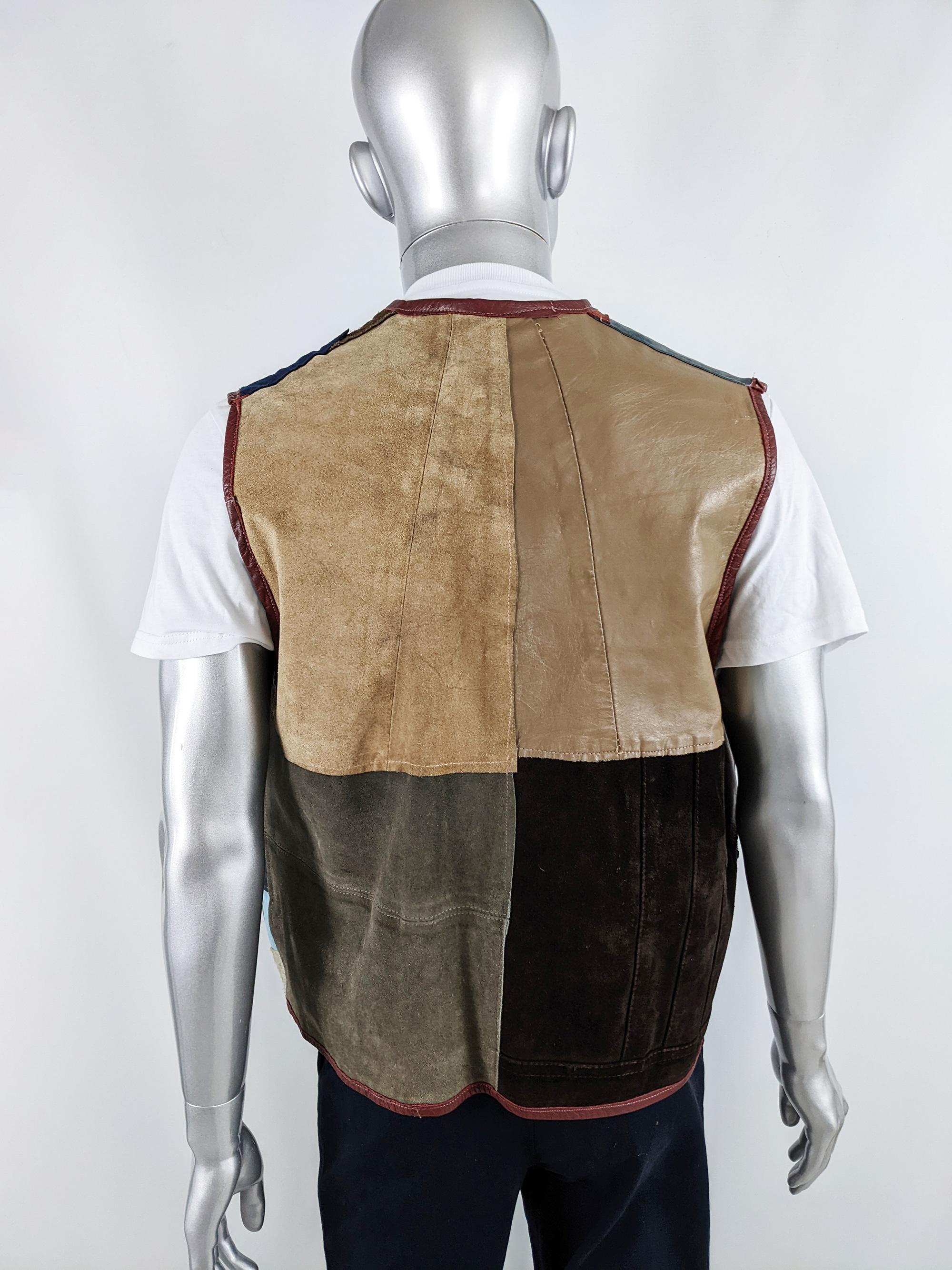 Vintage 1980s Mens Patchwork Suede Leather Reconstructed Sleeveless Vest Jacket In Good Condition In Doncaster, South Yorkshire