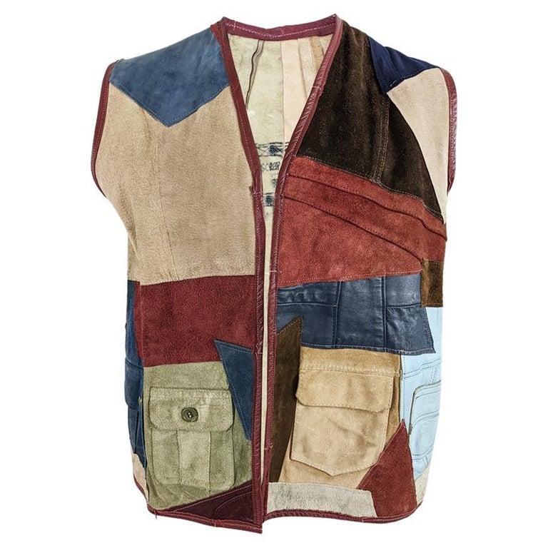 Vintage 1980s Mens Patchwork Suede Leather Reconstructed Sleeveless Vest Jacket For Sale