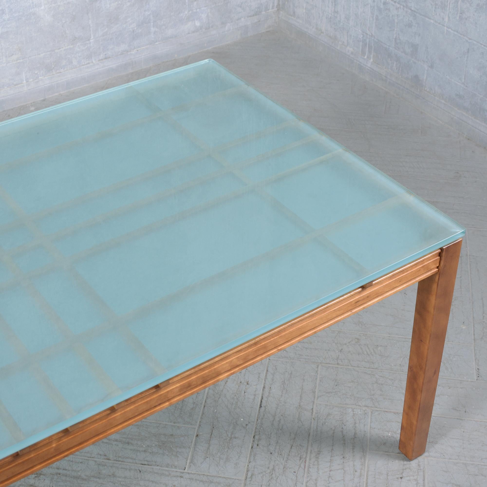 1980s Modern Maple Wood Dining Table with Frosted Glass Top For Sale 1