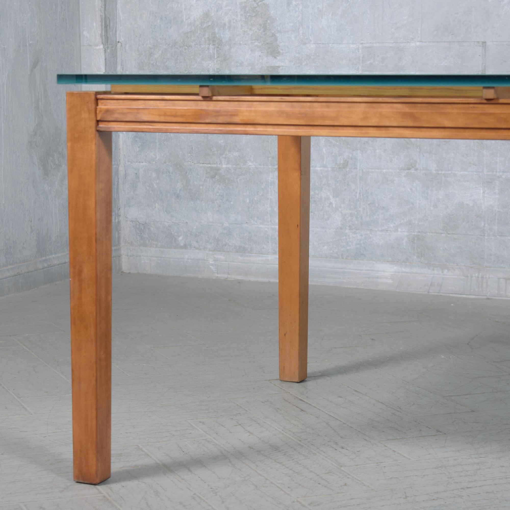 American 1980s Modern Maple Wood Dining Table with Frosted Glass Top For Sale