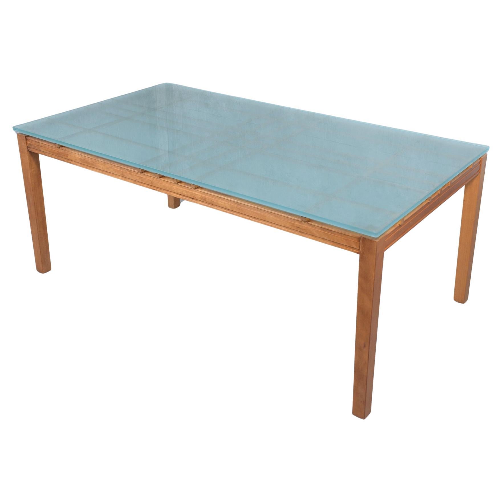 1980s Modern Maple Wood Dining Table with Frosted Glass Top