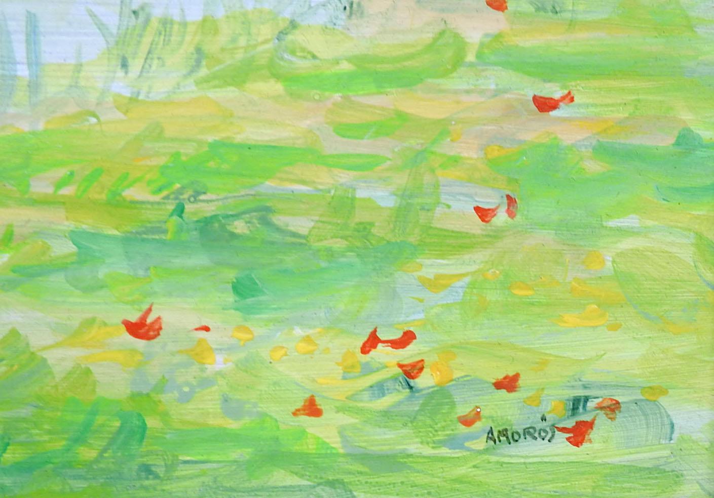 Französisch impressionistische Landschaft Öl auf Masonit Gemälde von Miguel Amoros (20. Jahrhundert) Frankreich. Blauer Himmel mit gelb und hellgrün mit verstreuten roten Wildblumen Landschaft.  Signiert unten rechts, weitere Angaben verso.