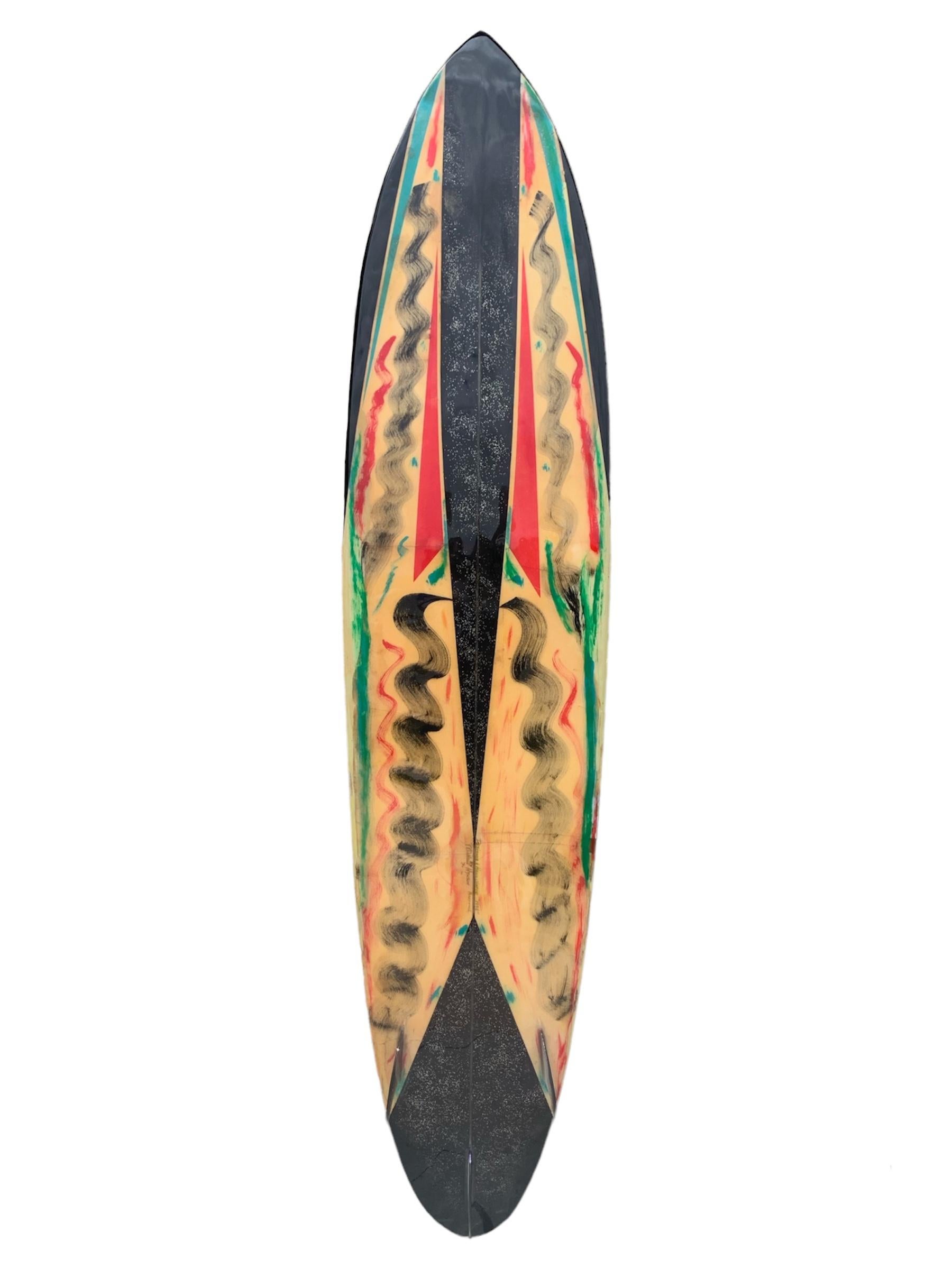 Mike Hynson’s personal surfboard. Shaped under the Yater Surfboards label in 1986-87 by Mike Hynson . Features airbrush design with Endless Summer inspired ‘Mike Hynson Designs’ logo. Partially restored condition. Hynson was the co-star of classic