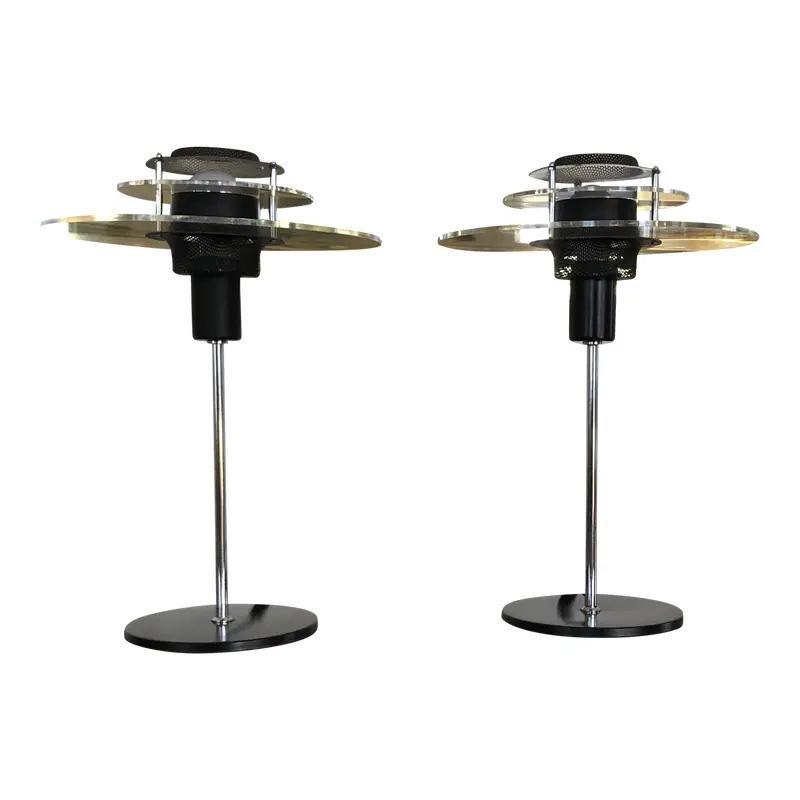 Art Deco Vintage 1980s Modernist Space Age Black Metal and Plexiglass Desk Table Lamps