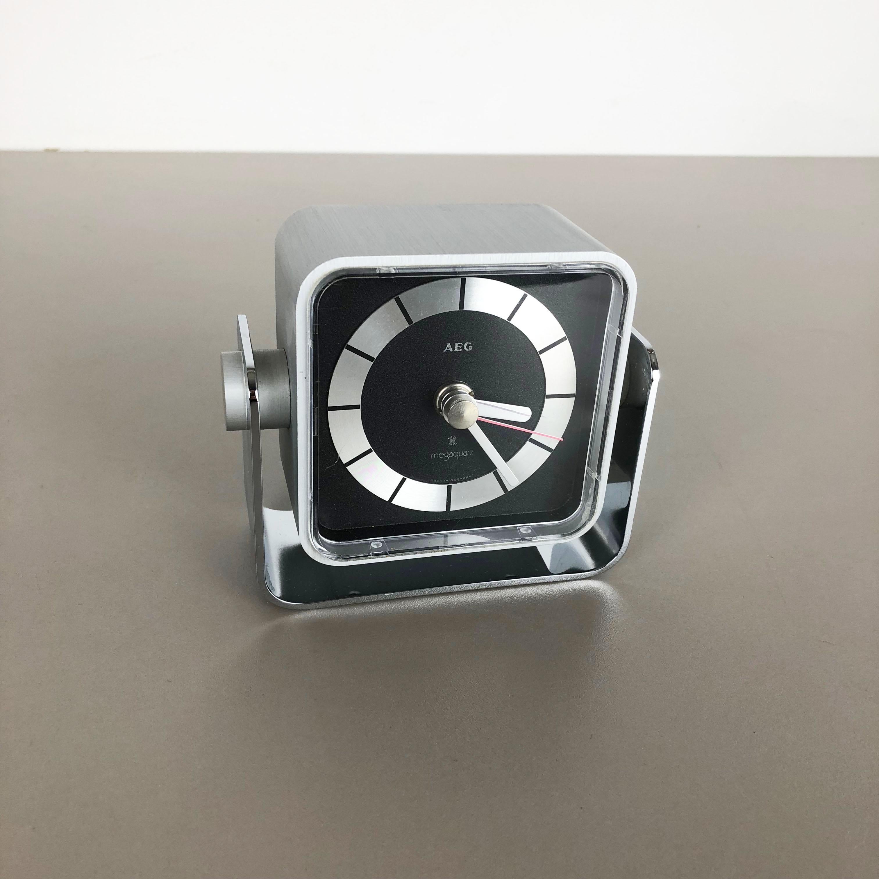 Mid-Century Modern Vintage 1980s Modernist Space Age Megaquarz Metal Table Clock by AEG, Germany