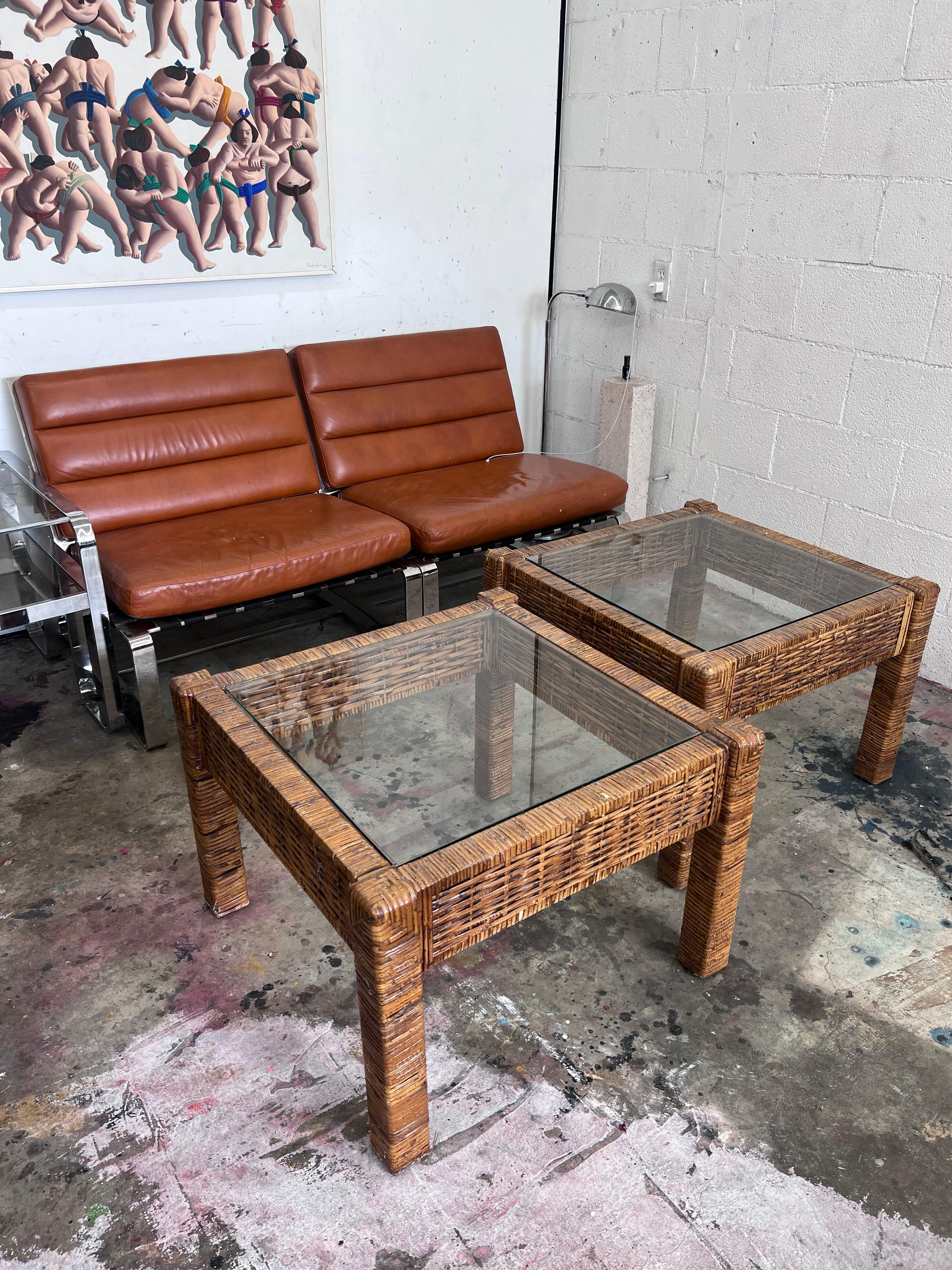 North American Vintage 1980s modular rattan coffee tables/side tables -a pair  For Sale
