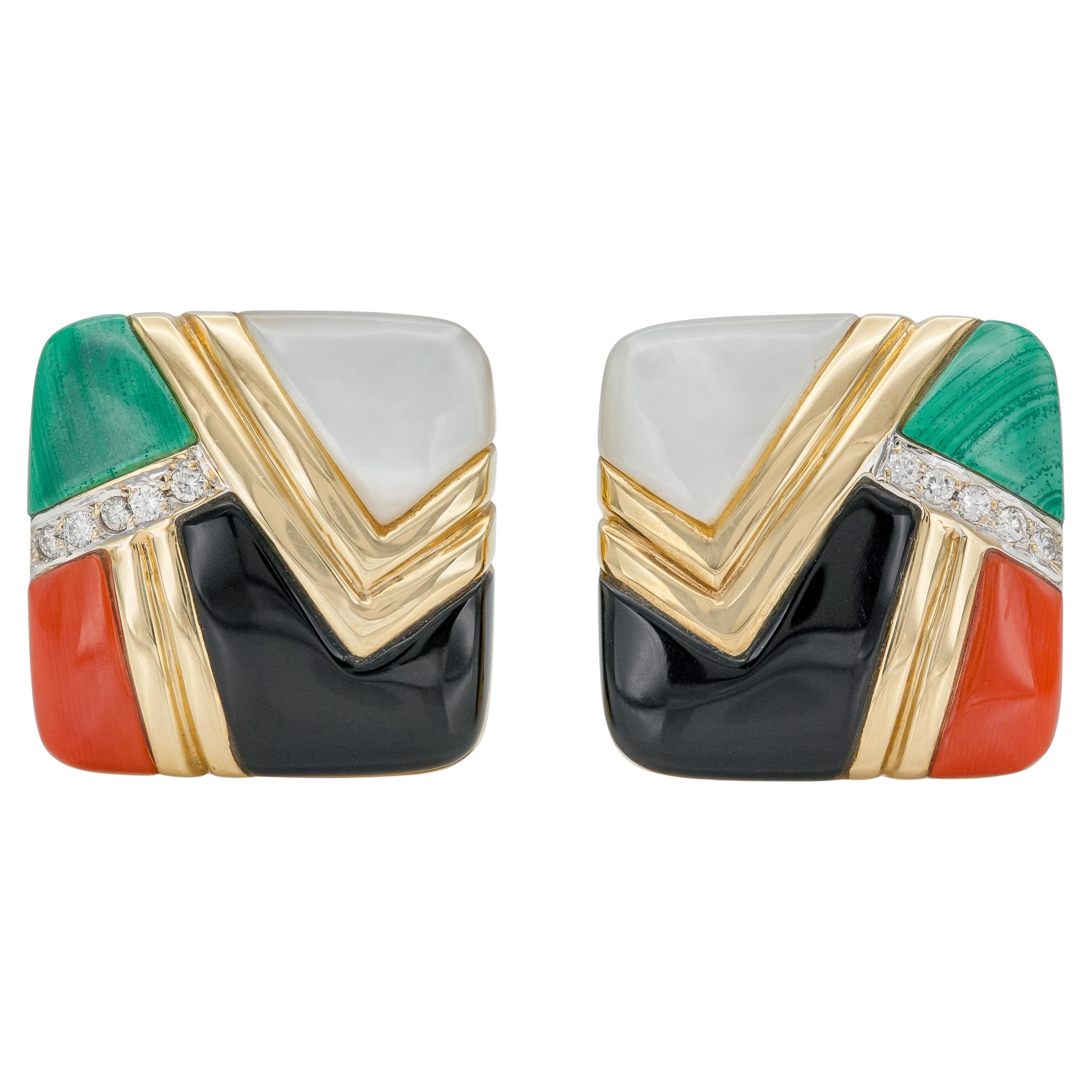 Vintage 1980s Multi-Gem Geometric Earrings For Sale