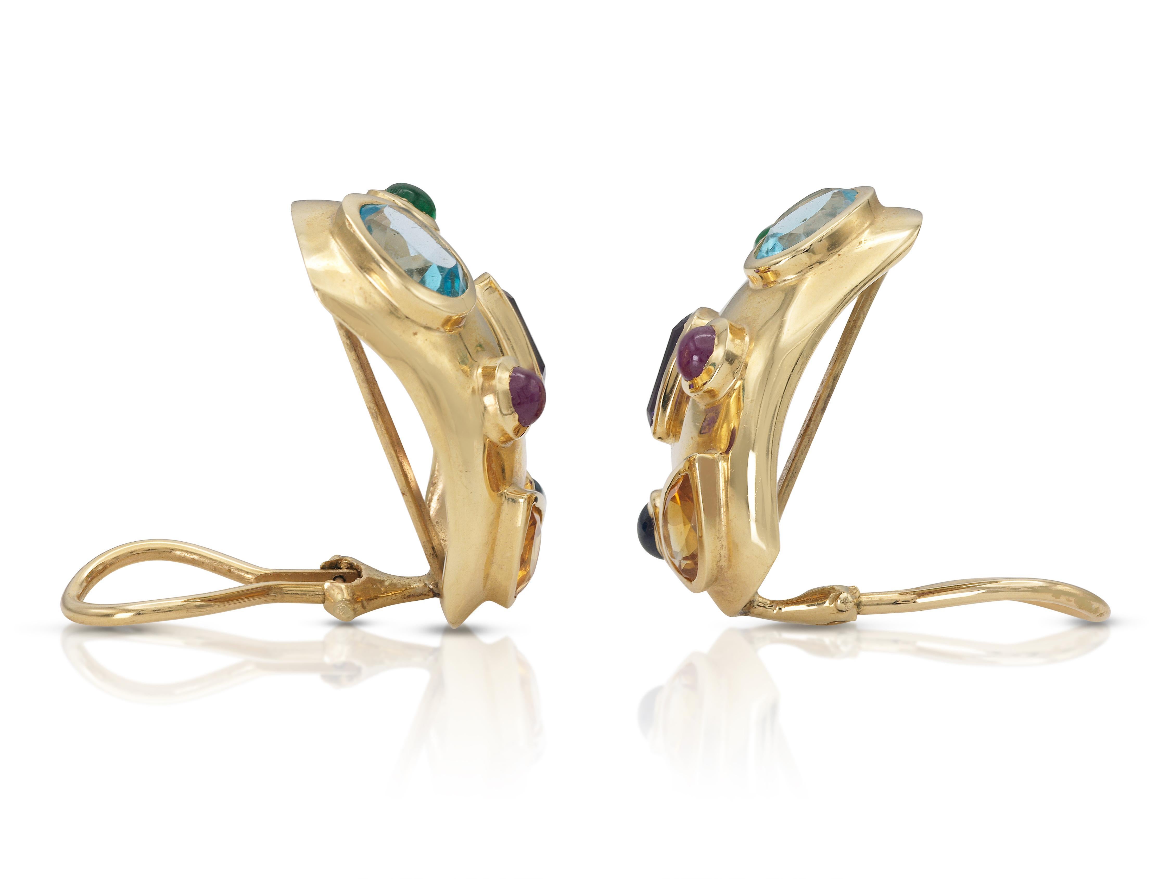 Vintage 1980s Multi-Gem Gold Ohrringe im Zustand „Gut“ im Angebot in New York, NY