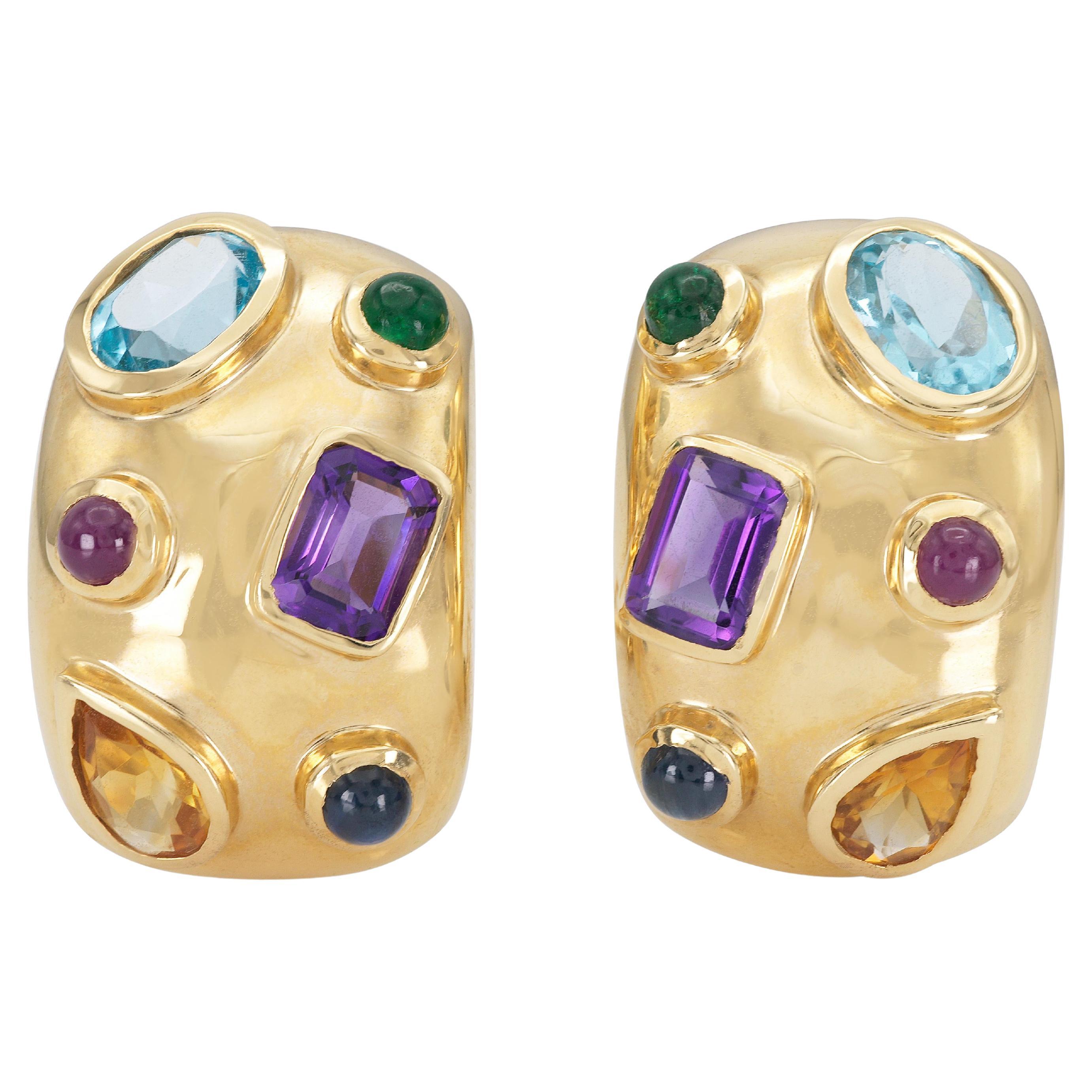 Vintage 1980s Multi-Gem Gold Ohrringe
