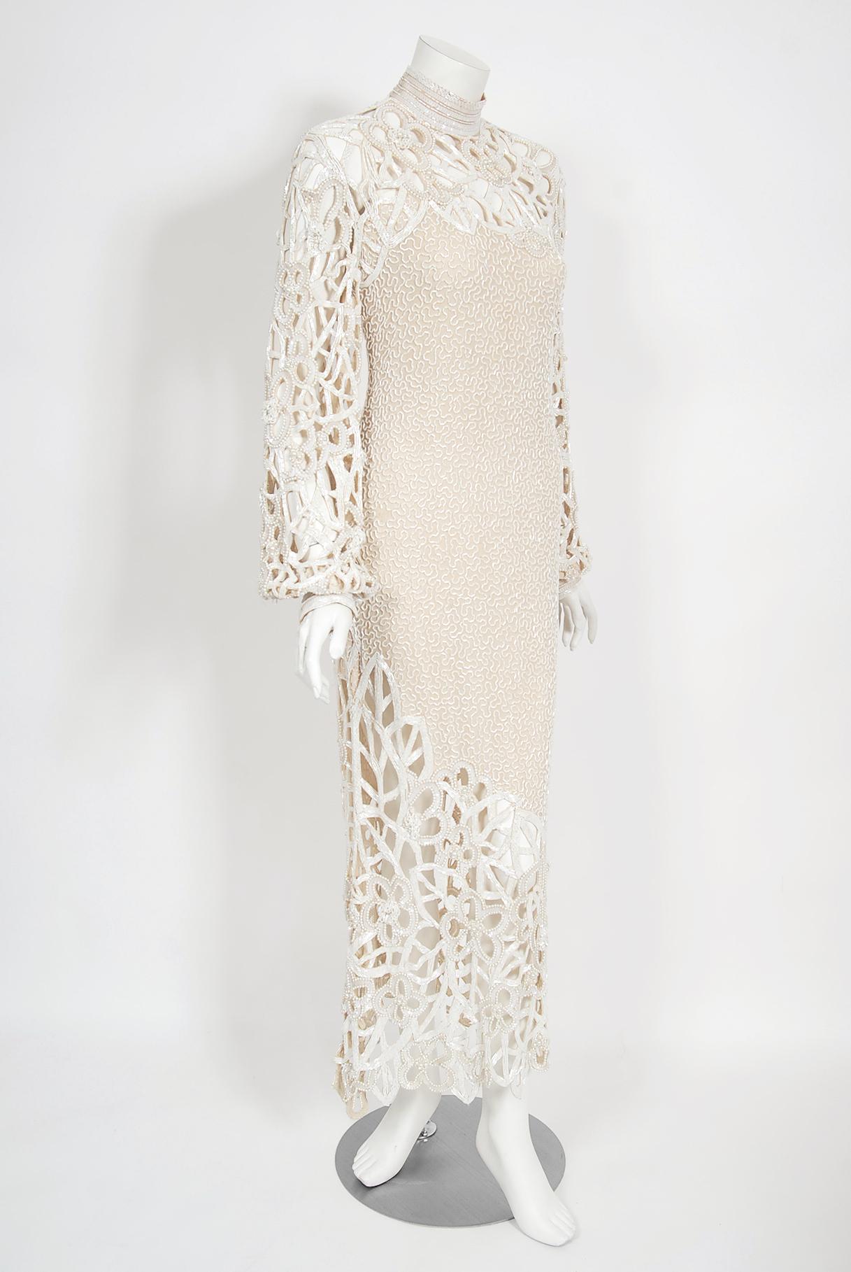 Vintage 1980s Naeem Khan Riazee Beaded Ivory Silk Cut Out Billow-Sleeve Gown 5