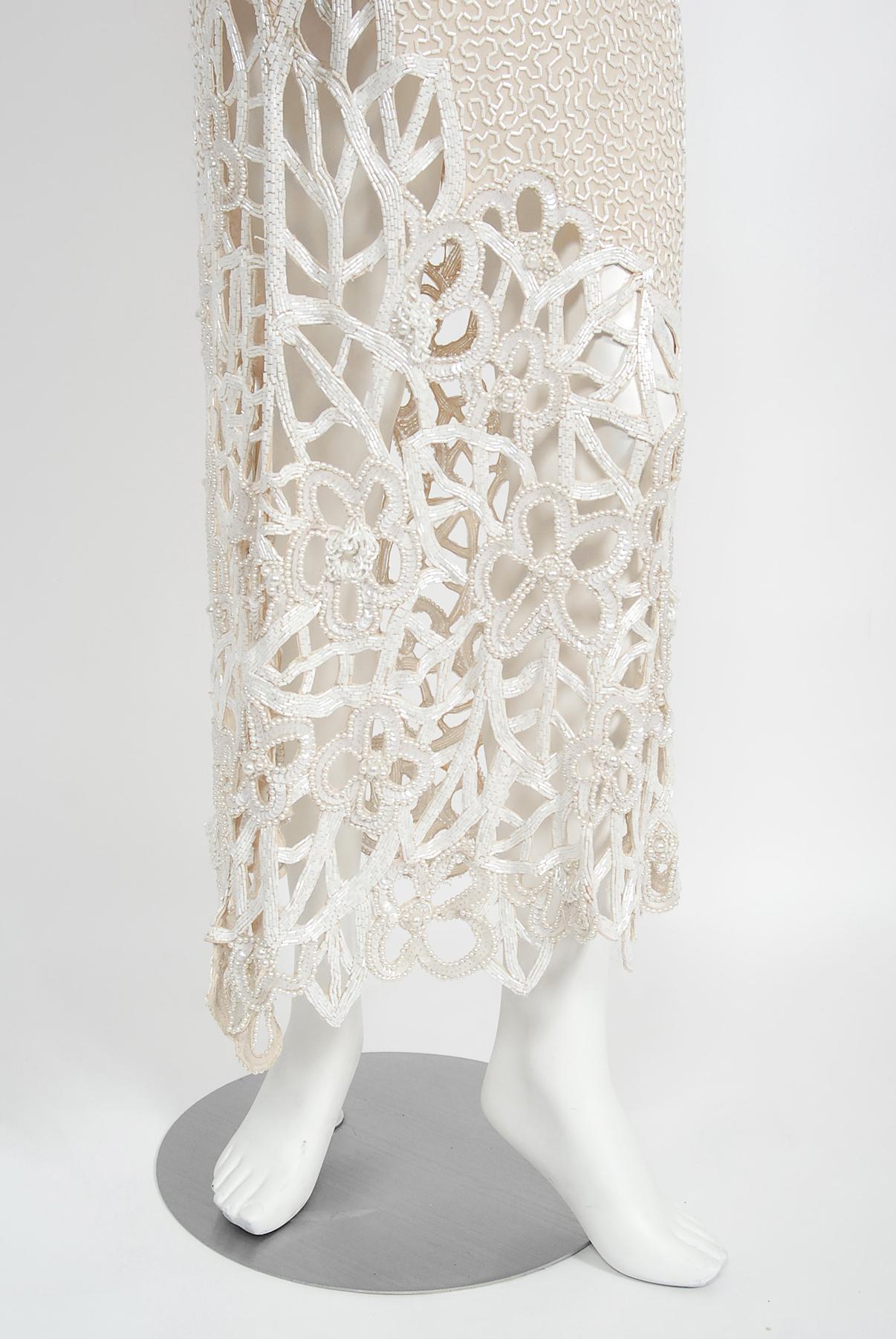 Vintage 1980s Naeem Khan Riazee Beaded Ivory Silk Cut Out Billow-Sleeve Gown 7