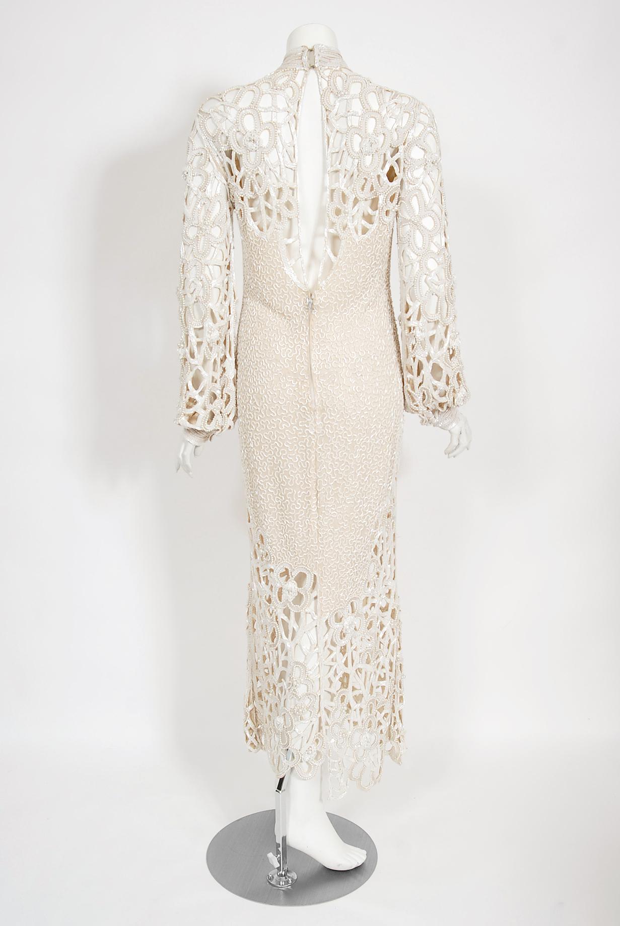Vintage 1980s Naeem Khan Riazee Beaded Ivory Silk Cut Out Billow-Sleeve Gown 9