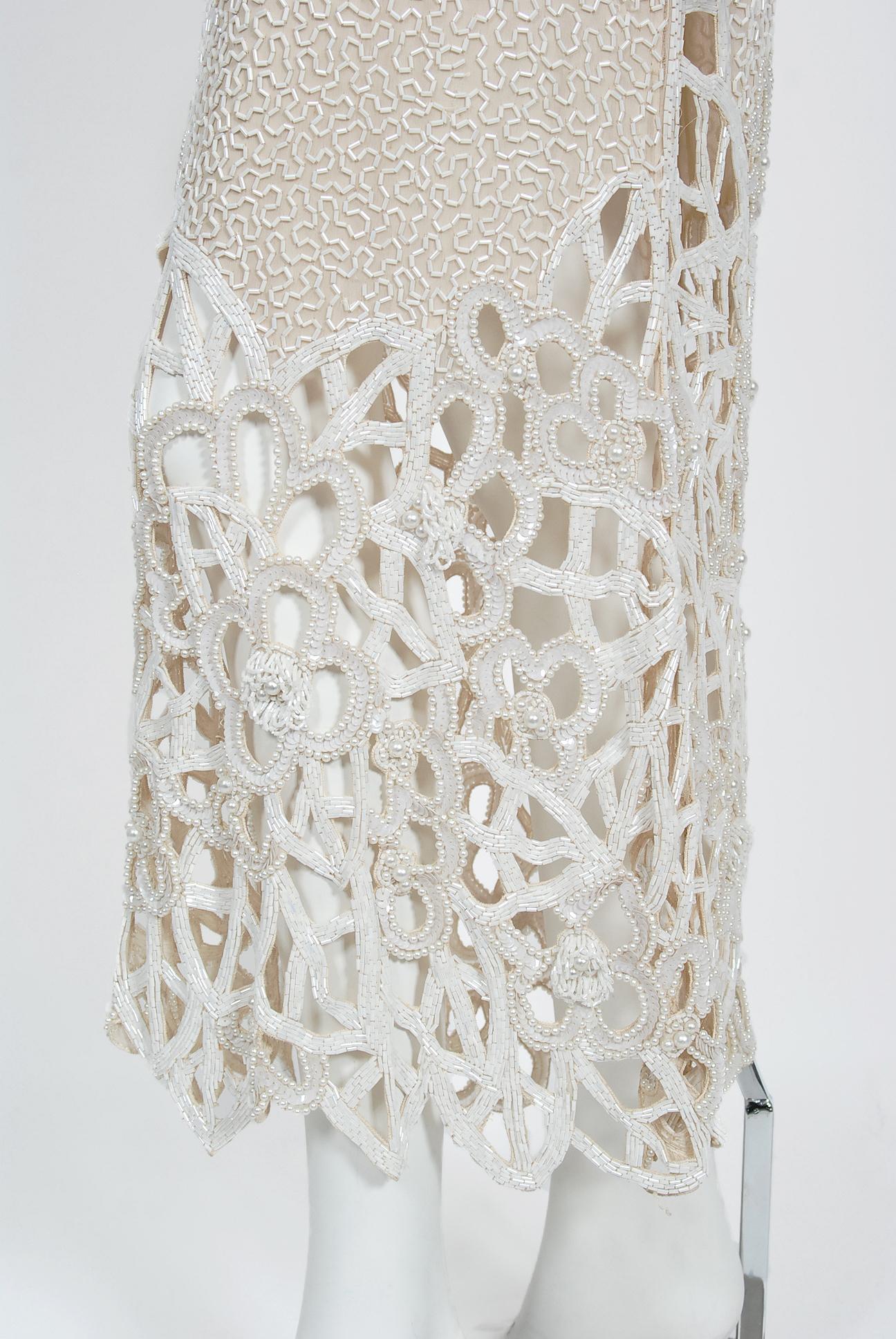 Women's Vintage 1980s Naeem Khan Riazee Beaded Ivory Silk Cut Out Billow-Sleeve Gown