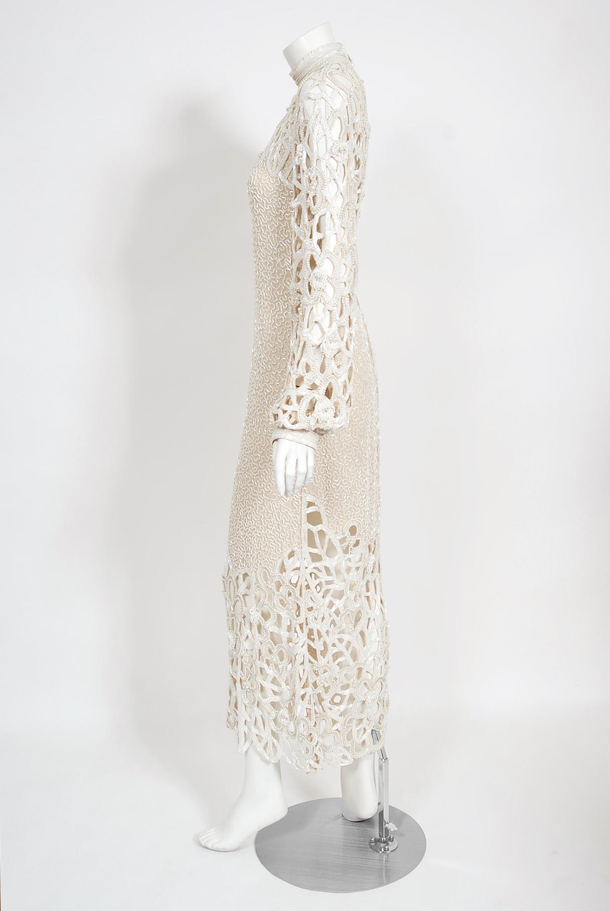 Vintage 1980s Naeem Khan Riazee Beaded Ivory Silk Cut Out Billow-Sleeve Gown 2