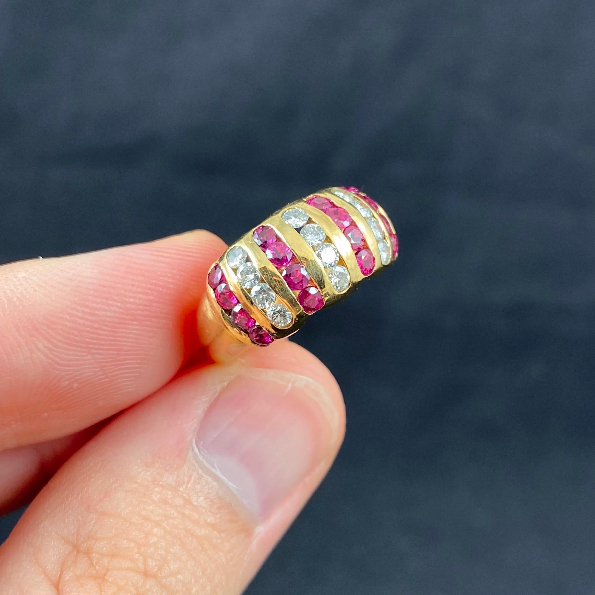 Vintage 1980s Natural Ruby Diamond Bombe Cocktail Ring Yellow Gold Signed For Sale 4