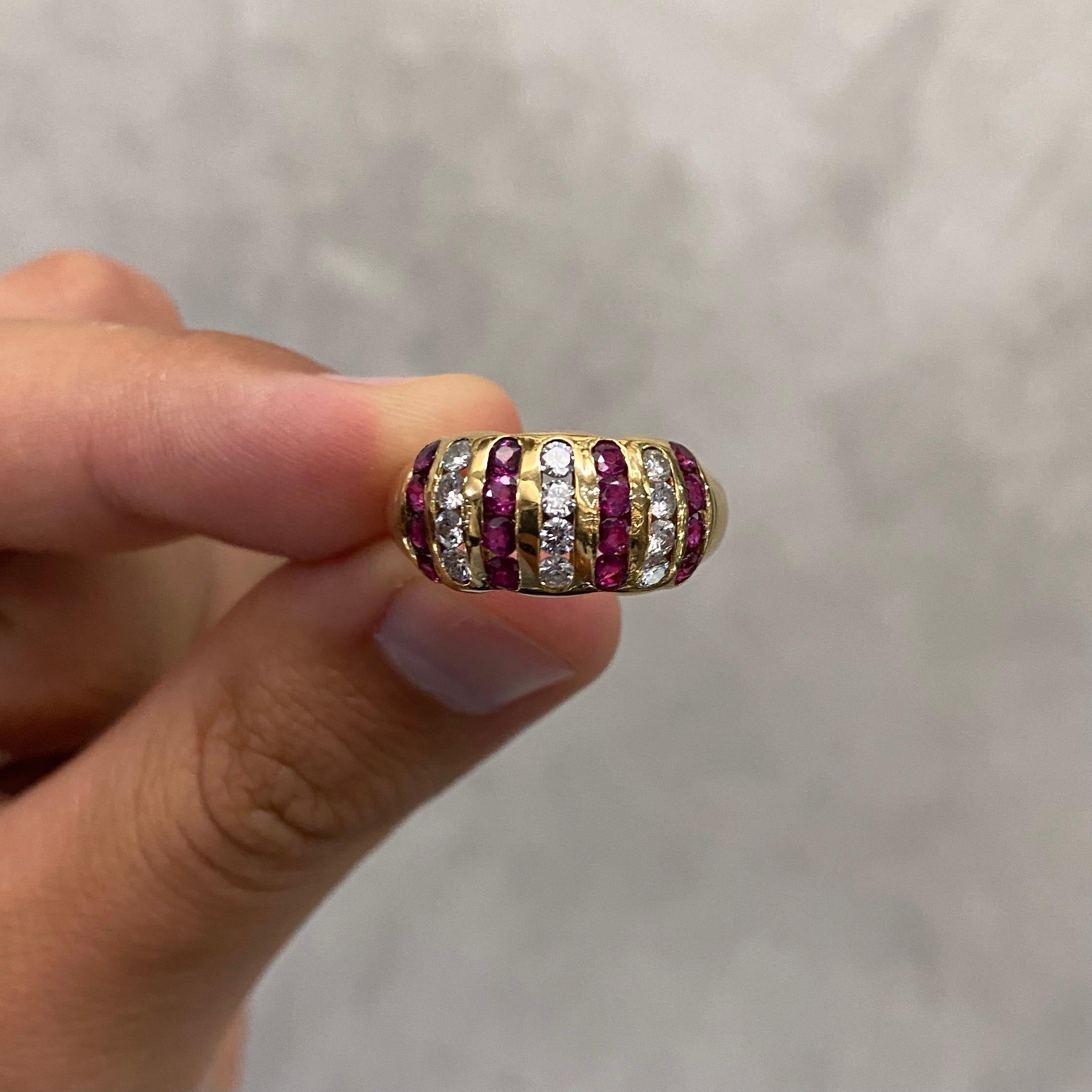 Vintage 1980s Natural Ruby Diamond Bombe Cocktail Ring Yellow Gold Signed For Sale 6