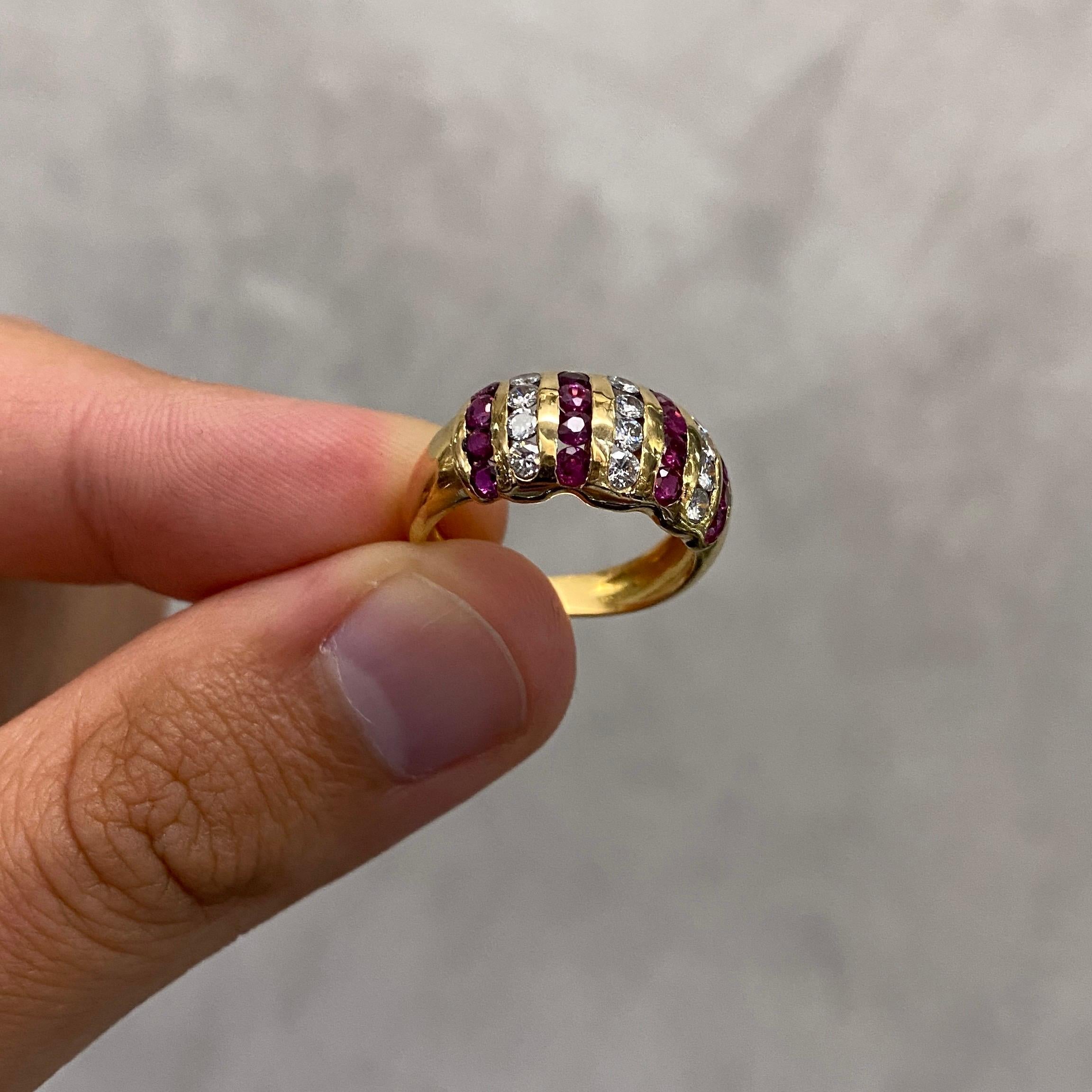 Vintage 1980s Natural Ruby Diamond Bombe Cocktail Ring Yellow Gold Signed For Sale 7
