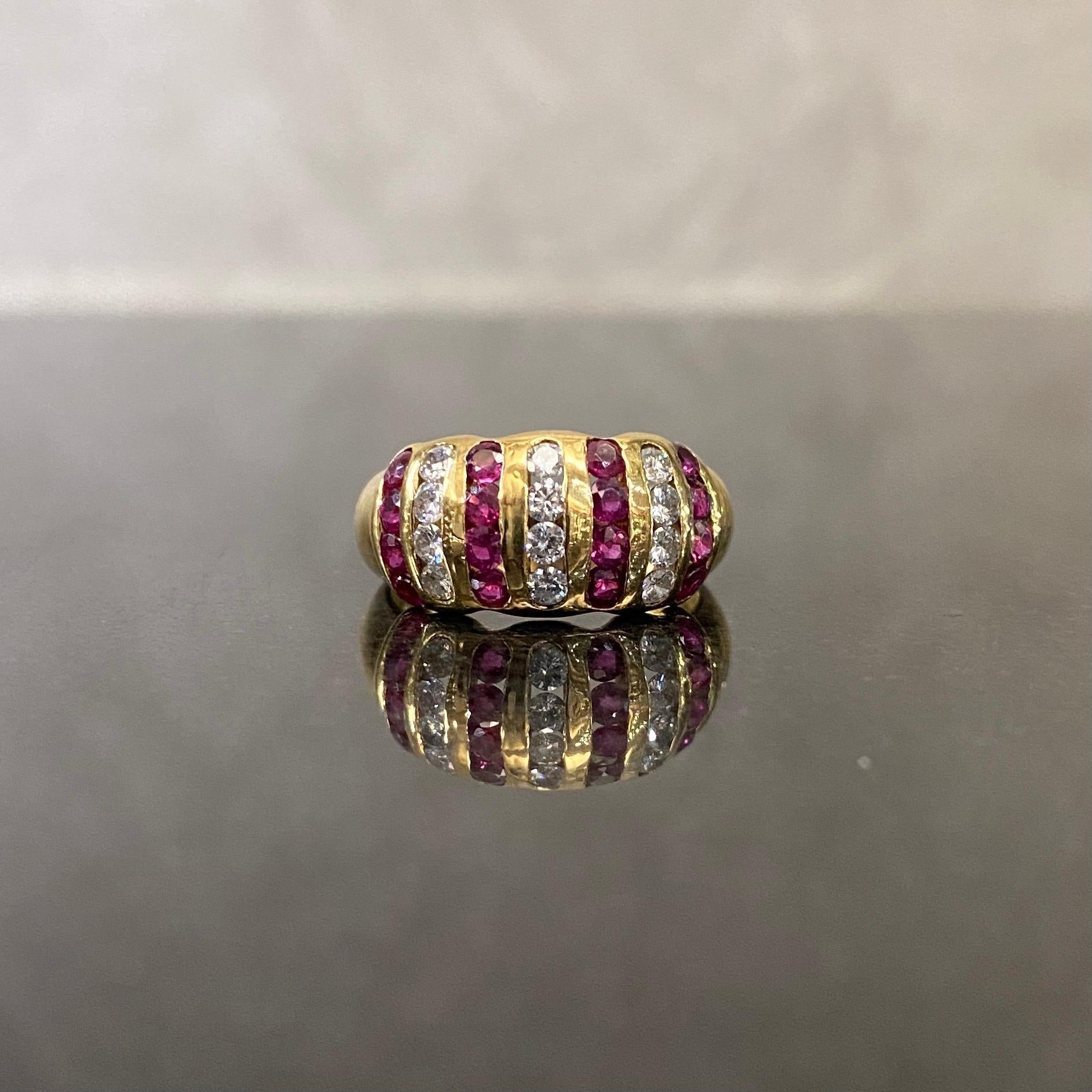 Vintage 1980s Natural Ruby Diamond Bombe Cocktail Ring Yellow Gold Signed For Sale 9