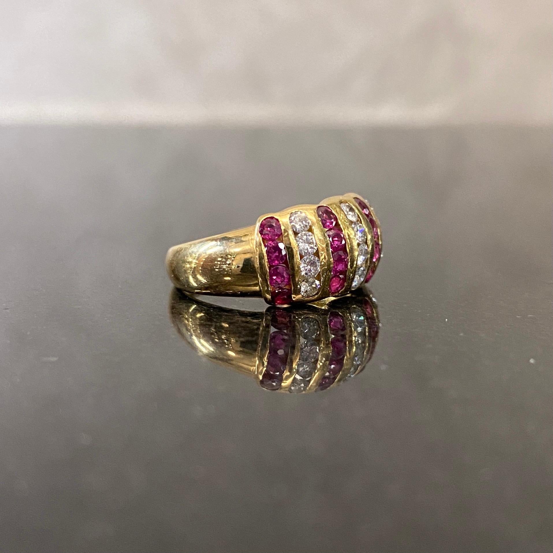 Vintage 1980s Natural Ruby Diamond Bombe Cocktail Ring Yellow Gold Signed For Sale 10