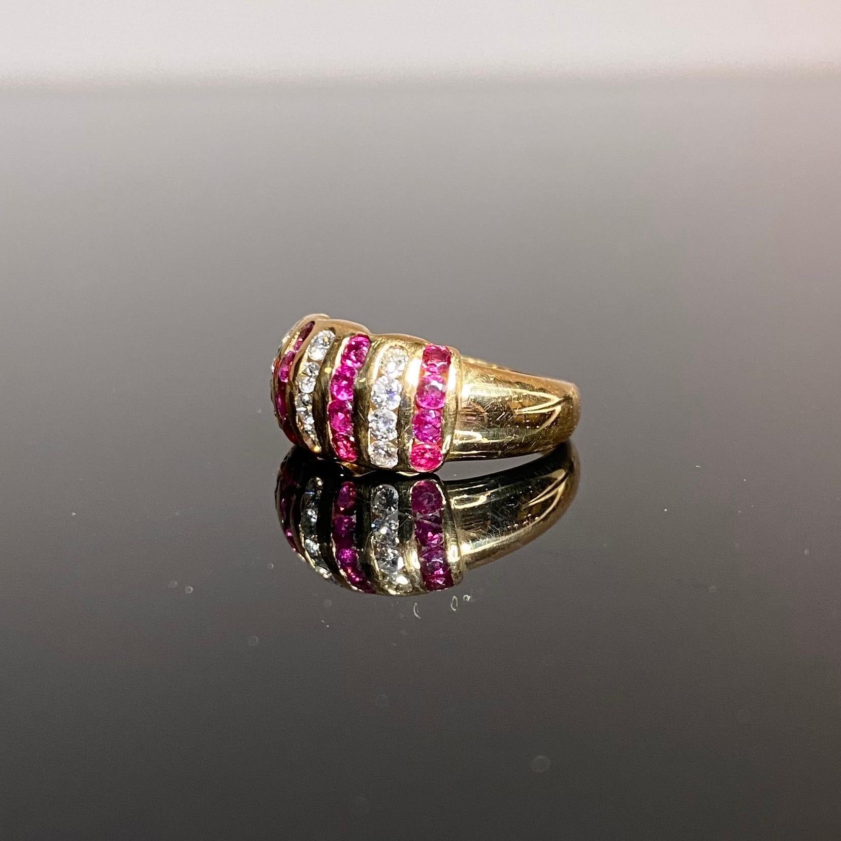Vintage 1980s Natural Ruby Diamond Bombe Cocktail Ring Yellow Gold Signed For Sale 11