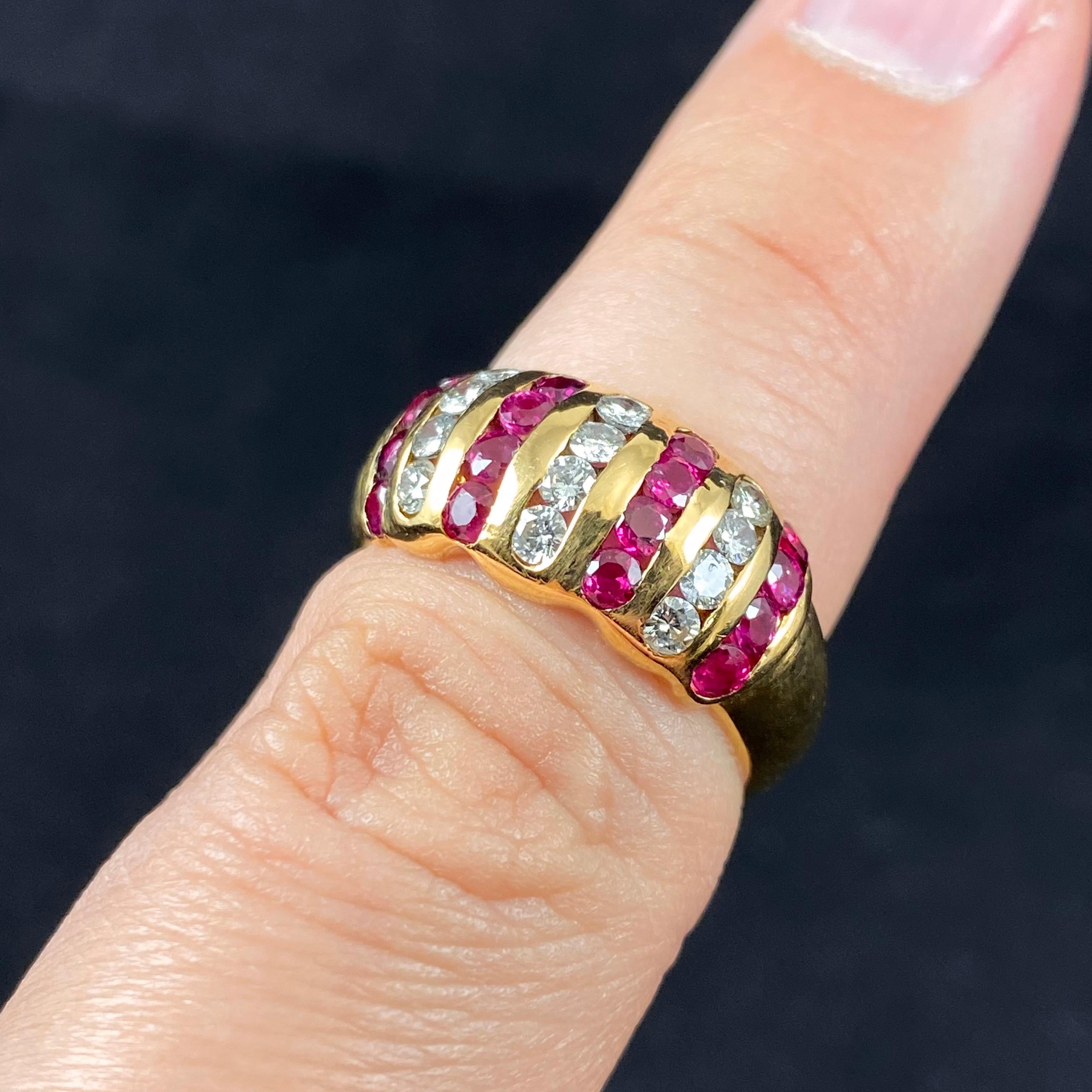 Vintage 1980s Natural Ruby Diamond Bombe Cocktail Ring Yellow Gold Signed For Sale 3