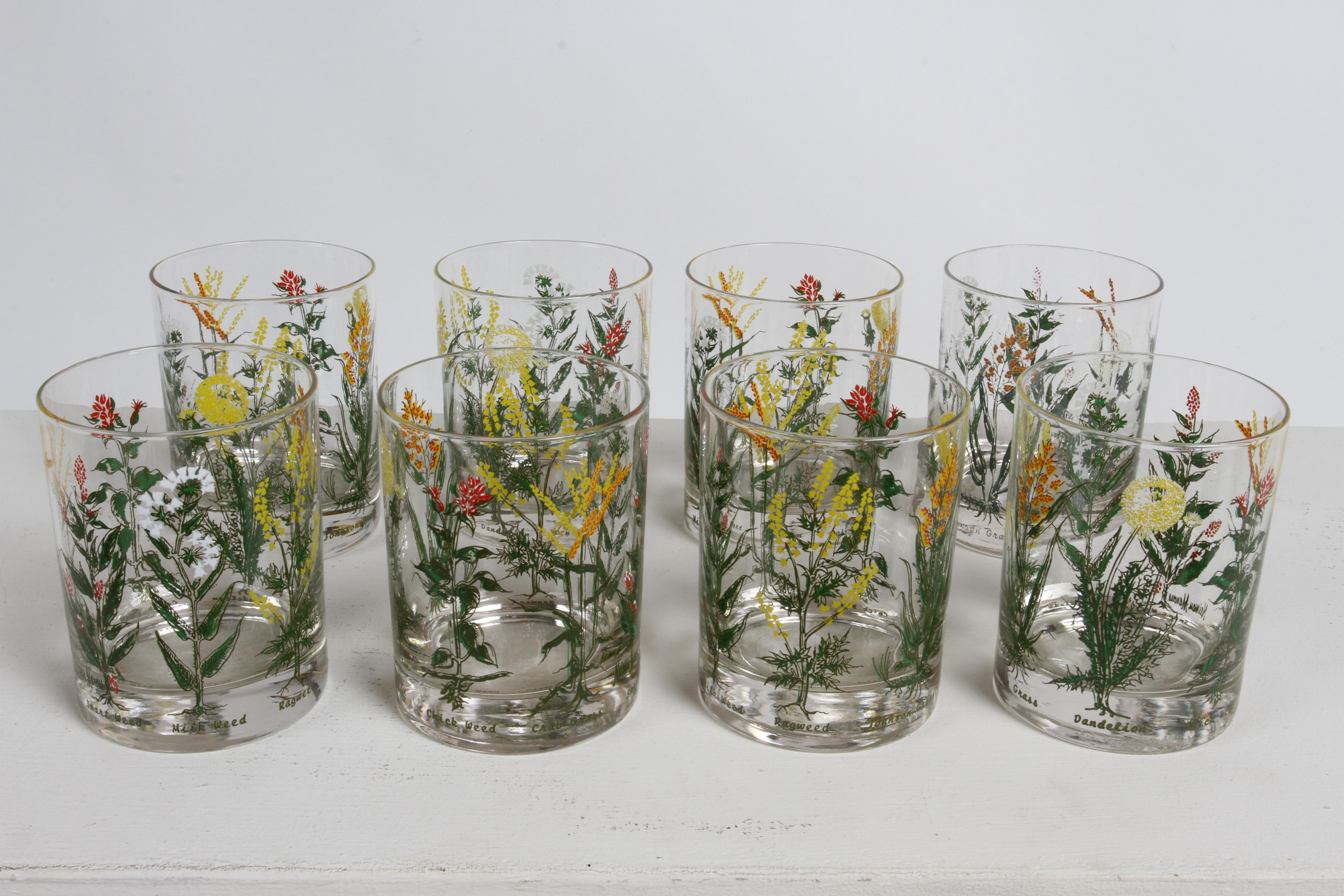 Vintage 1980s barware by Neiman Marcus, set of six rocks glasses with botanical grass themed designs. Includes Dandelion , Chick Weed, Crabgrass, Smart Weed, Milkweed, Ragweed, Johnson Grass. Printed in greed Neiman Marcus. One glass, does appear to