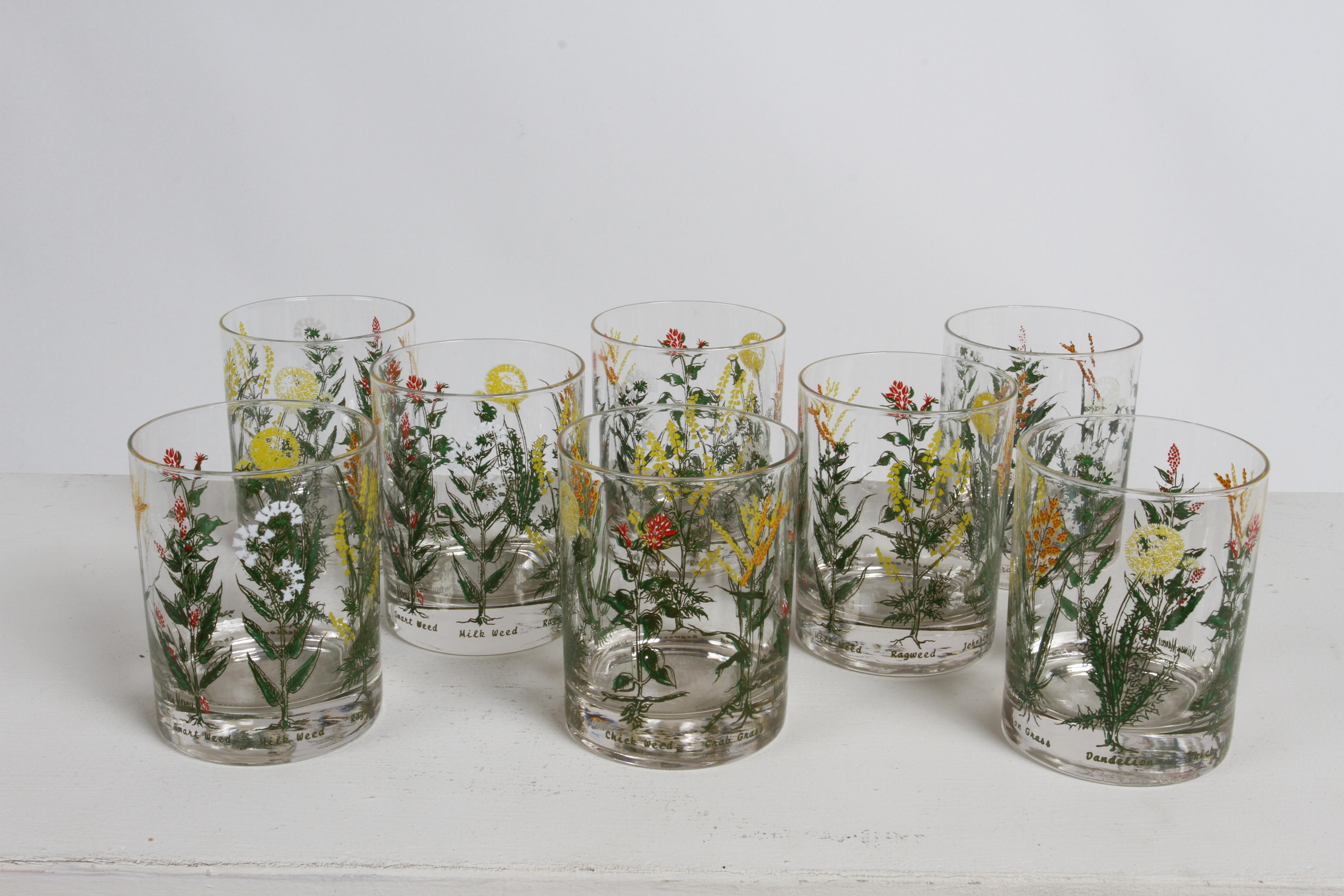 American Vintage 1980s Neiman-Marcus Botanical Grasses Theme Bar Rocks Glasses Set of 6