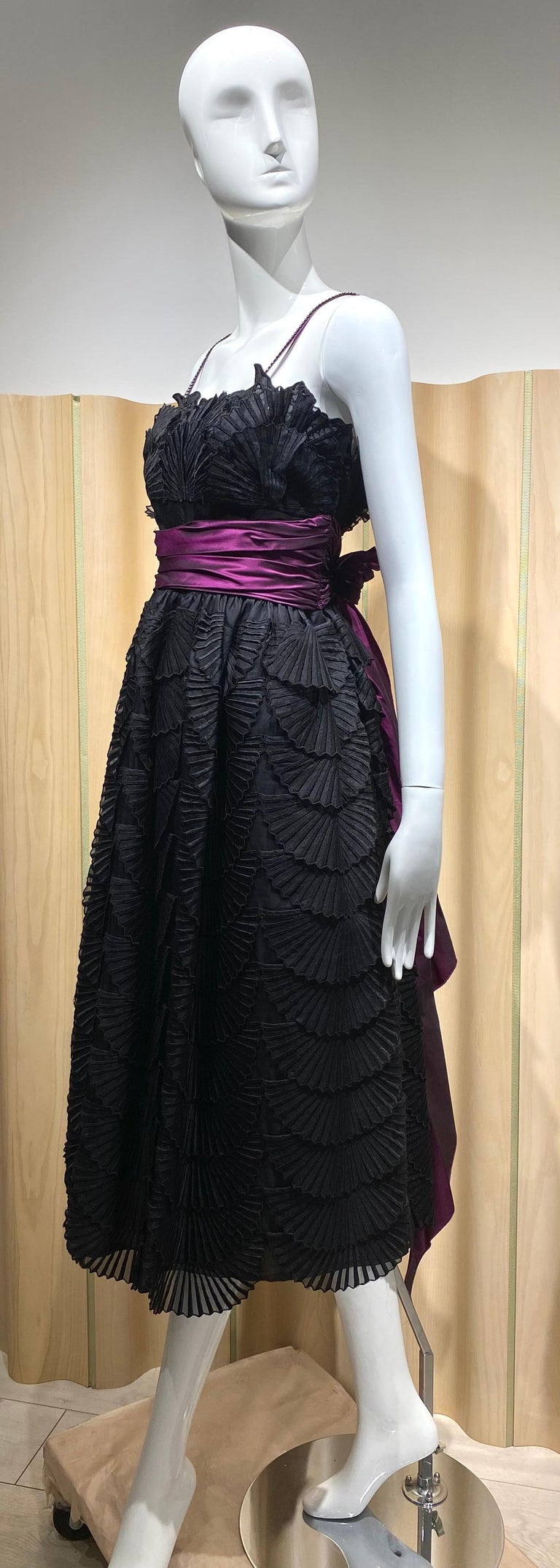 1980s Nina Ricci Black Fan Patterned Lace Silk Cocktail Dress