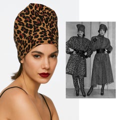 Vintage By degli anni '80 Norma Kamali Leopard Print Turban Cap Oversize Statement Rare HTF