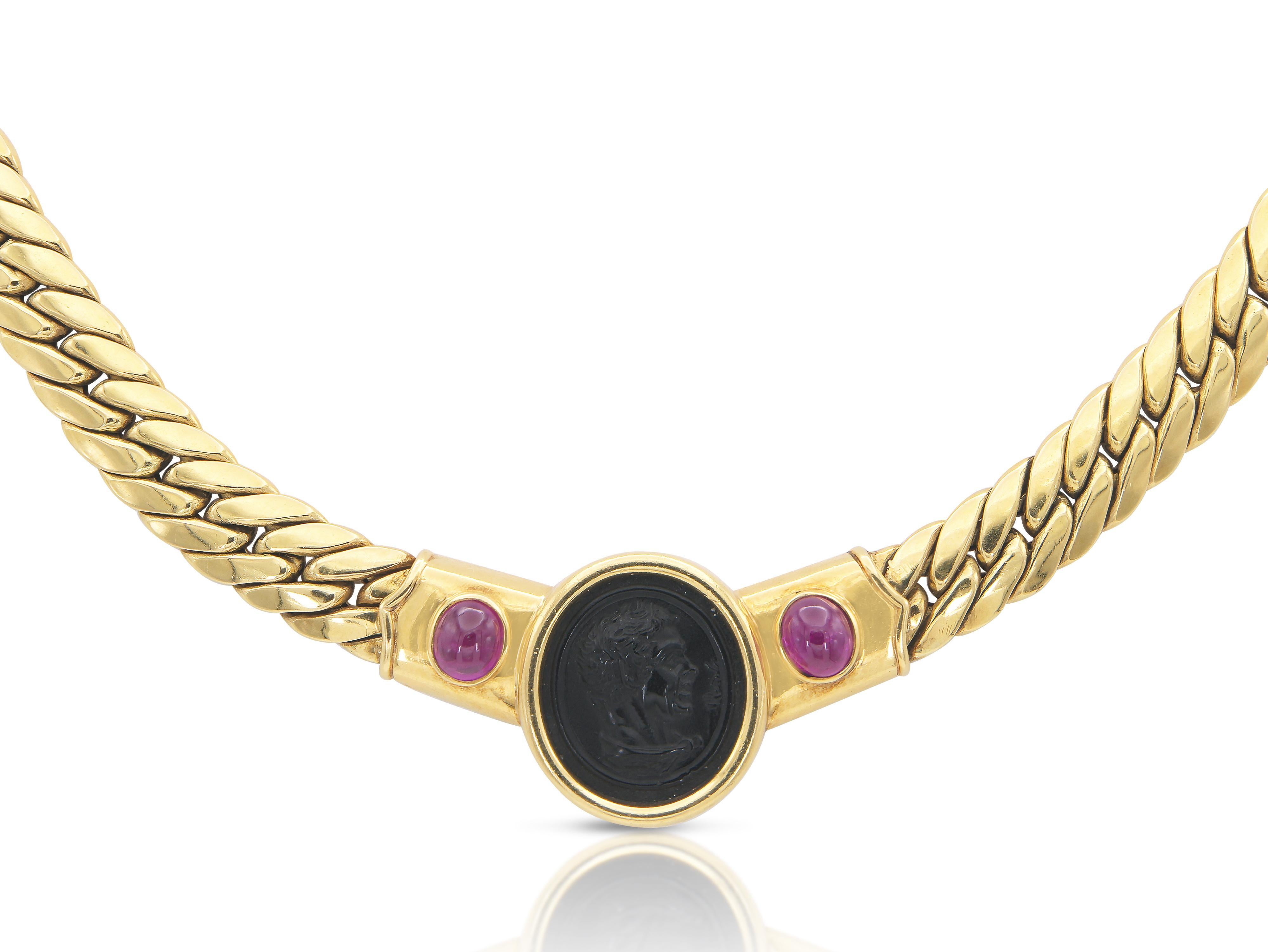 Cabochon Vintage 1980s Onyx Cameo Gold Cuban Link Necklace with Rubies For Sale