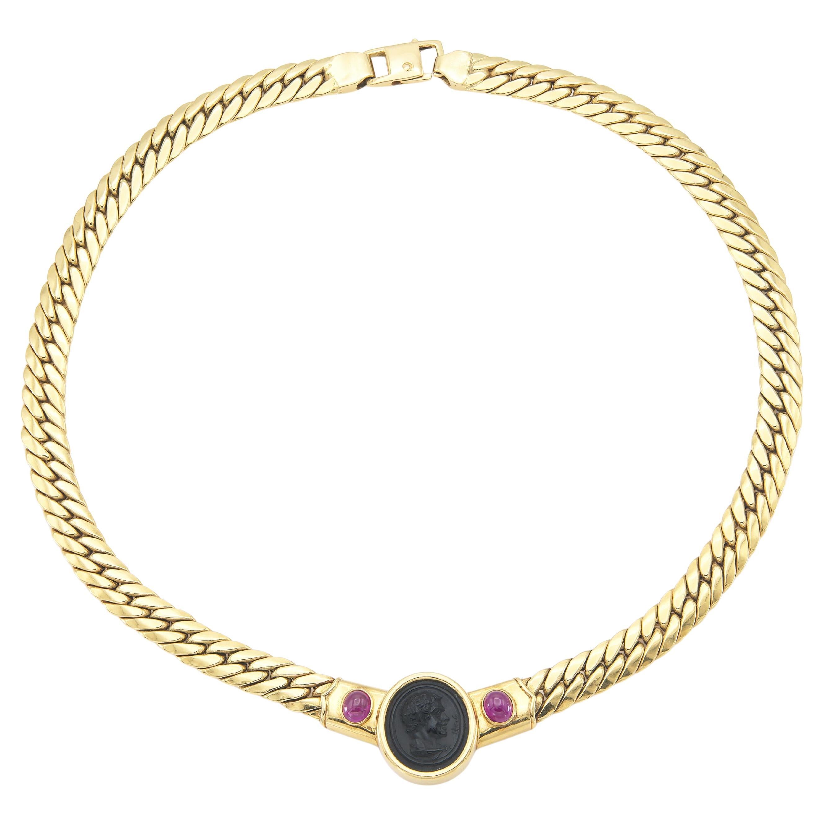 Vintage 1980s Onyx Cameo Gold Cuban Link Necklace with Rubies For Sale
