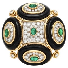 Vintage 1980s Onyx, Diamond & Emerald Brooch