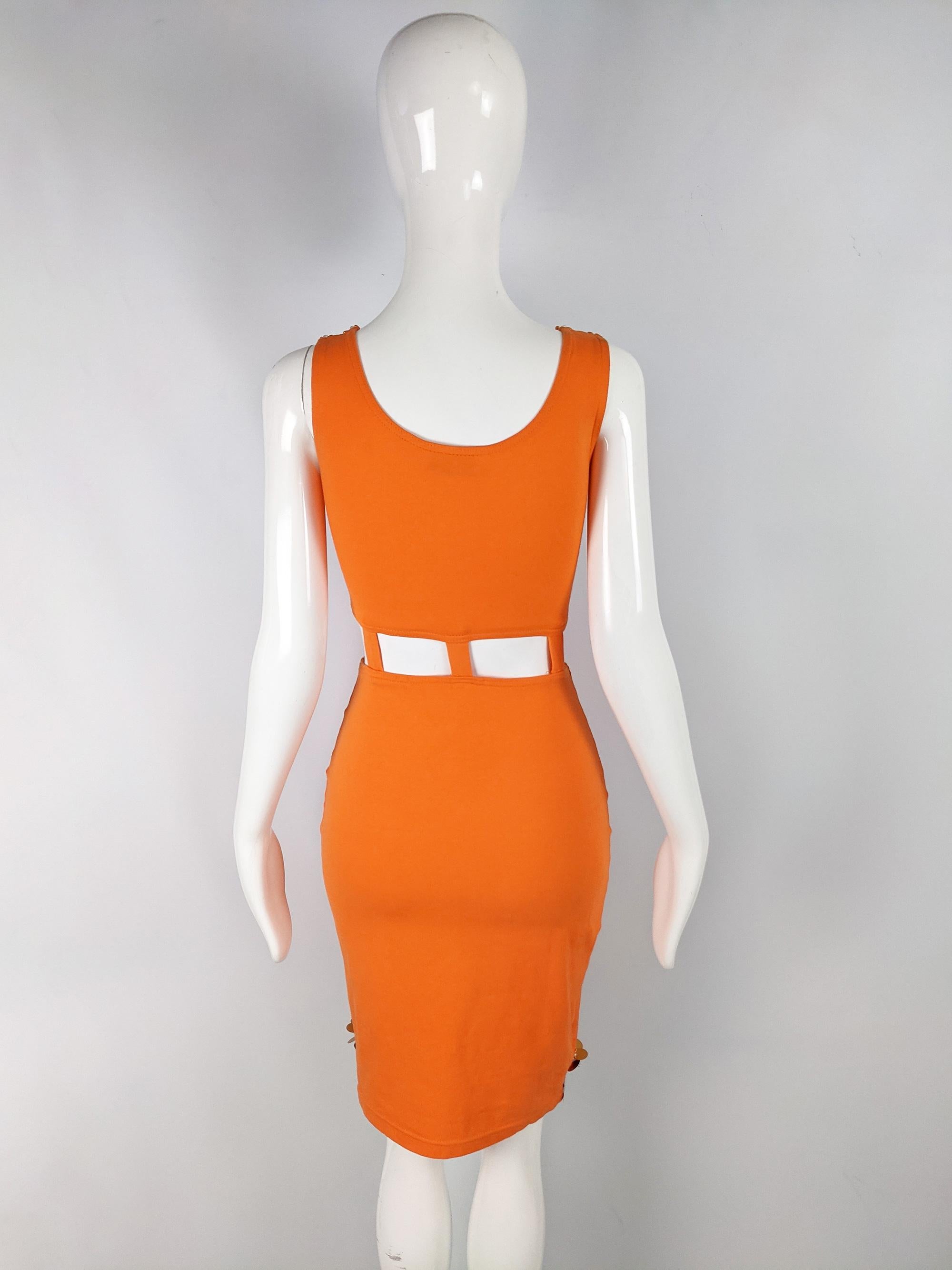 Women's Vintage 1980s Orange Bodycon Sexy Cut Out Sequin Party Dress