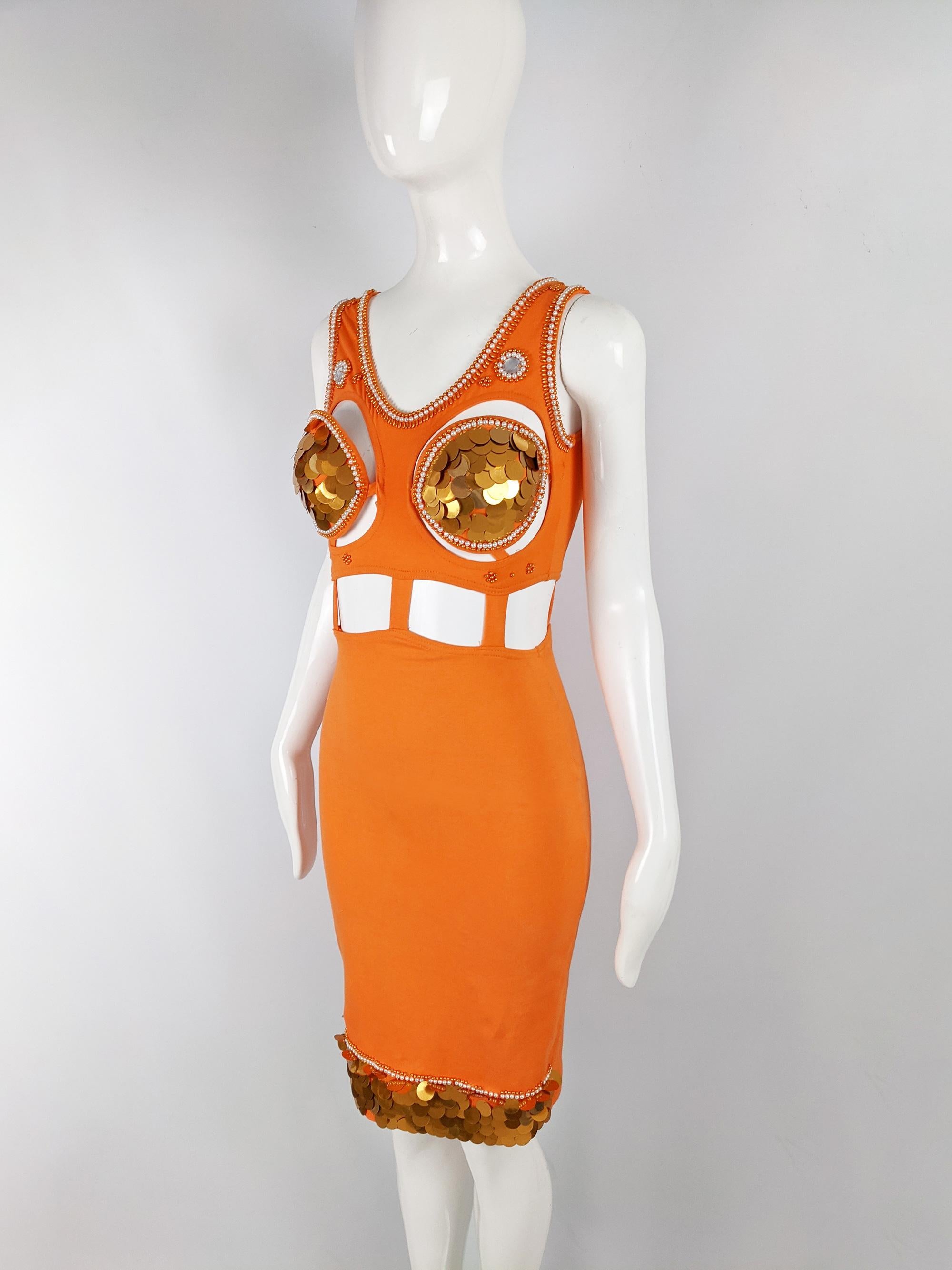 Vintage 1980s Orange Bodycon Sexy Cut Out Sequin Party Dress 1
